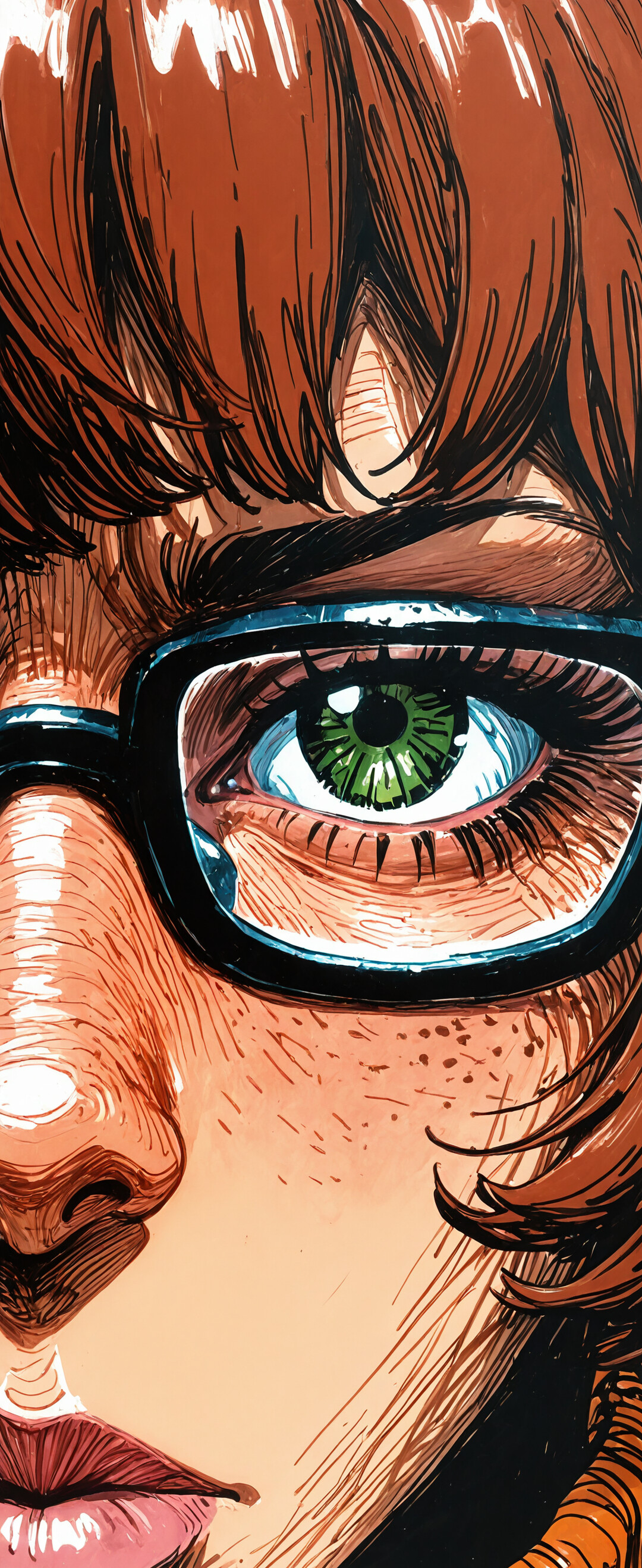 A close-up artistic portrait of Velma Dinkley from Scooby-Doo. She has short brown hair, large square glasses, and an orange turtleneck sweater. The art style features prominent hatching lines, and she has bright blue eyes.