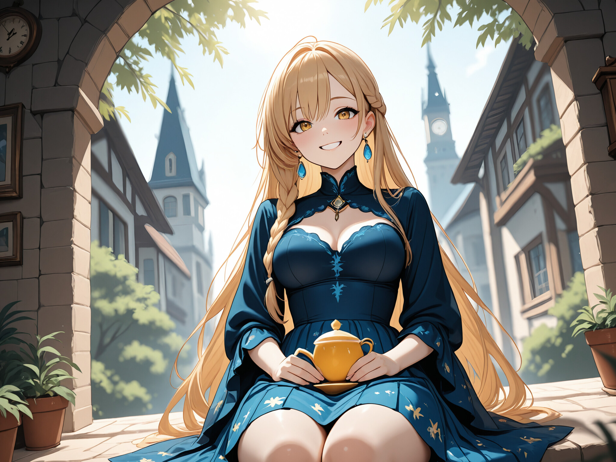 An anime-style illustration of a young woman with long blonde hair and blue eyes, smiling warmly at the viewer. She is sitting in front of a large window and wearing a teal dress with a floral skirt.