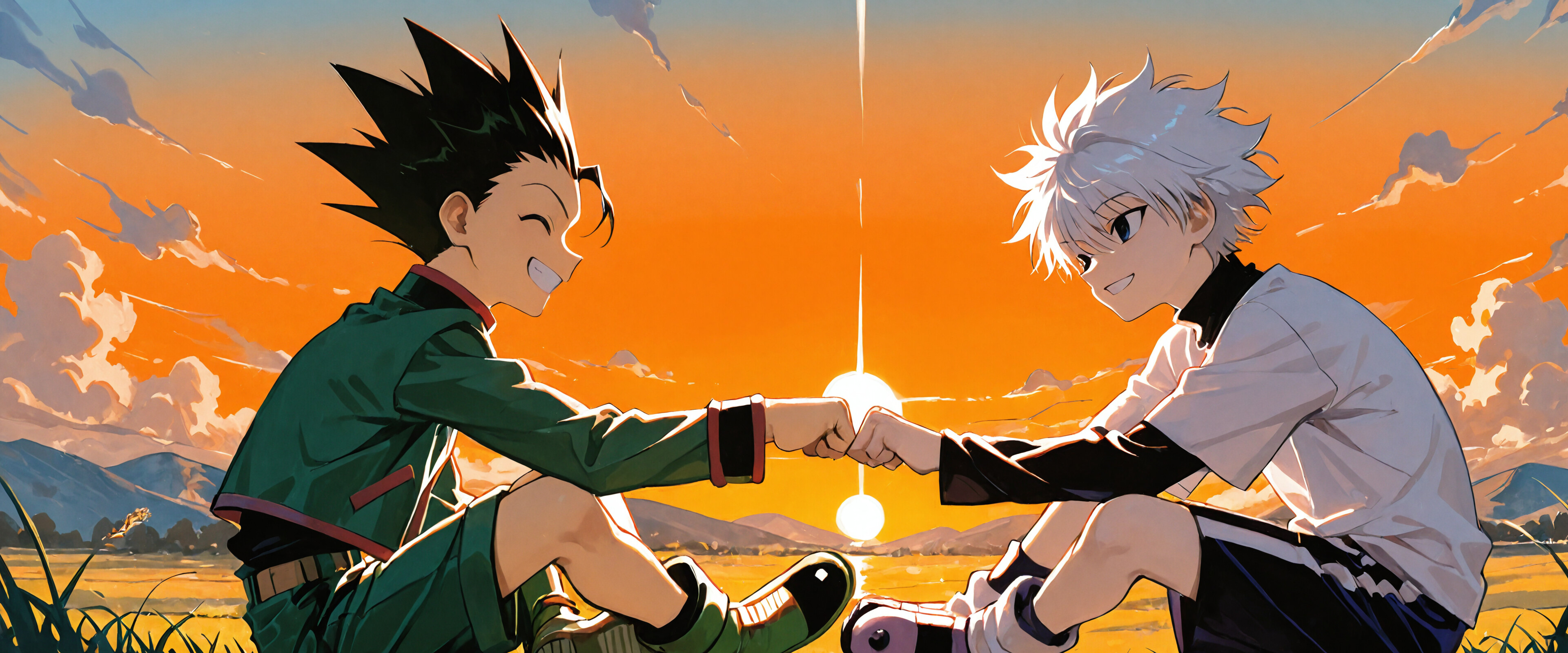Gon Freecss and Killua Zoldyck from Hunter x Hunter smiling at each other as they share a fist bump while sitting on a grassy hill during a vibrant orange sunset.