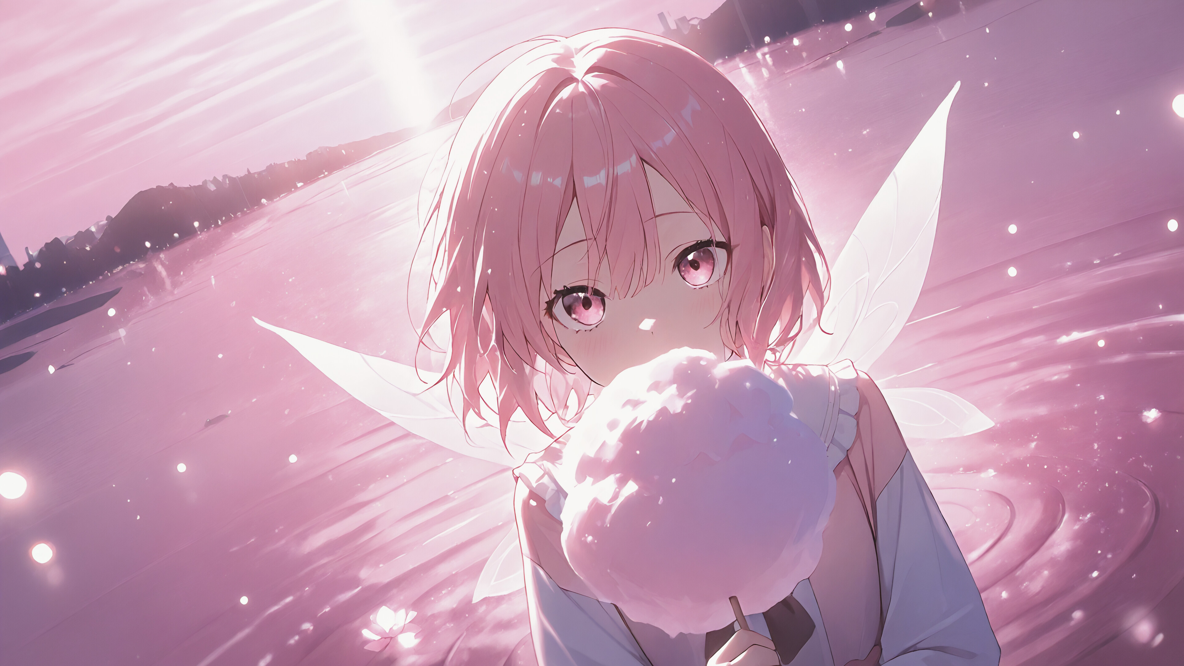 An anime girl with short pink hair, pink eyes, and translucent fairy wings holds a large piece of cotton candy, looking forward in a magical, pink-lit environment.