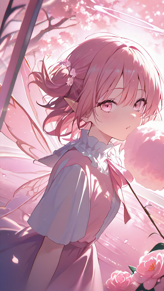 An anime girl with short pink hair, pink eyes, and translucent fairy wings holds a large piece of cotton candy, looking forward in a magical, pink-lit environment.