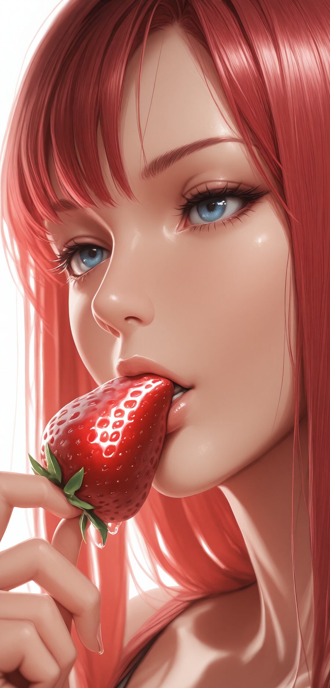 A close-up illustration of a beautiful girl with long red hair and blue eyes, holding a strawberry to her slightly parted lips.