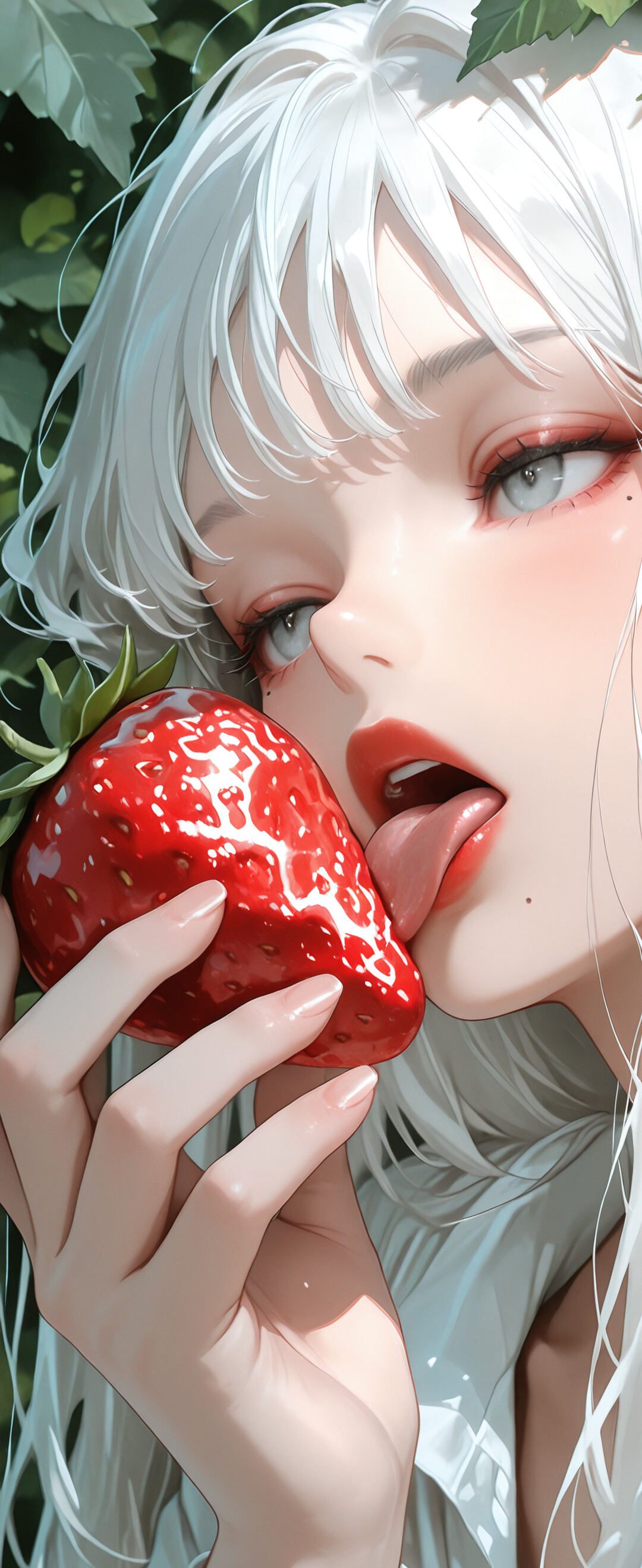 An anime-style illustration of a young woman with long white hair and grey eyes licking a red strawberry she is holding. She is wearing a white shirt, and green leaves are visible in the background.