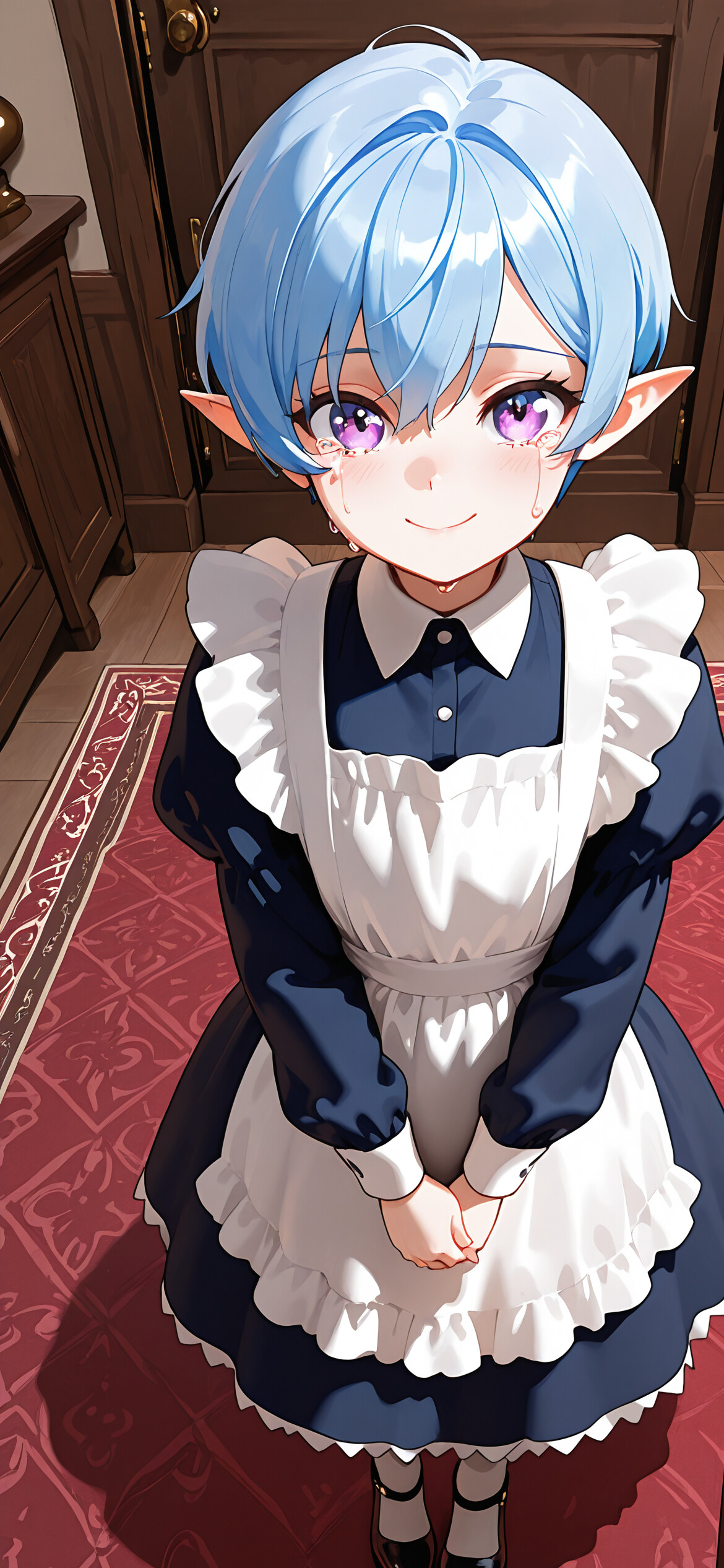 A young elf maid with short blue hair and pointy ears, dressed in a classic maid outfit, looking up with tear-filled purple eyes and a hopeful smile, her hands clasped together.
