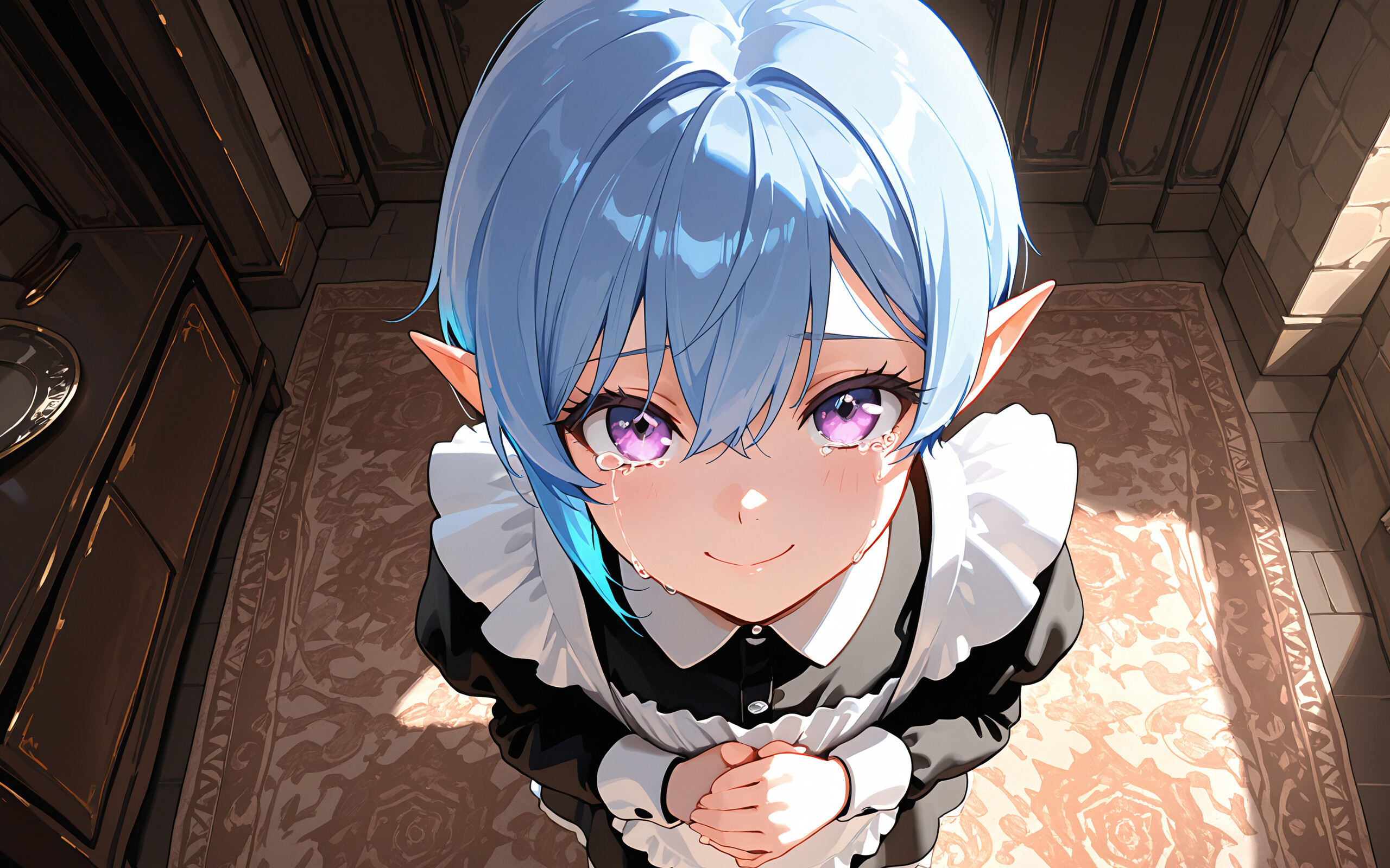 A young elf maid with short blue hair and pointy ears, dressed in a classic maid outfit, looking up with tear-filled purple eyes and a hopeful smile, her hands clasped together.