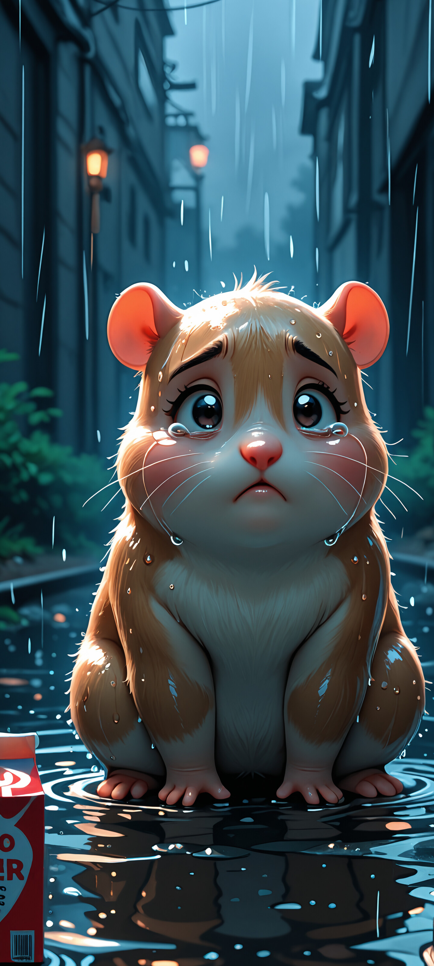 A cute, gray, cartoonish hamster with very large, sad, teary eyes, sitting on a wet surface in the rain in a dark alley. The hamster is crying, and there are cardboard boxes on either side of it.