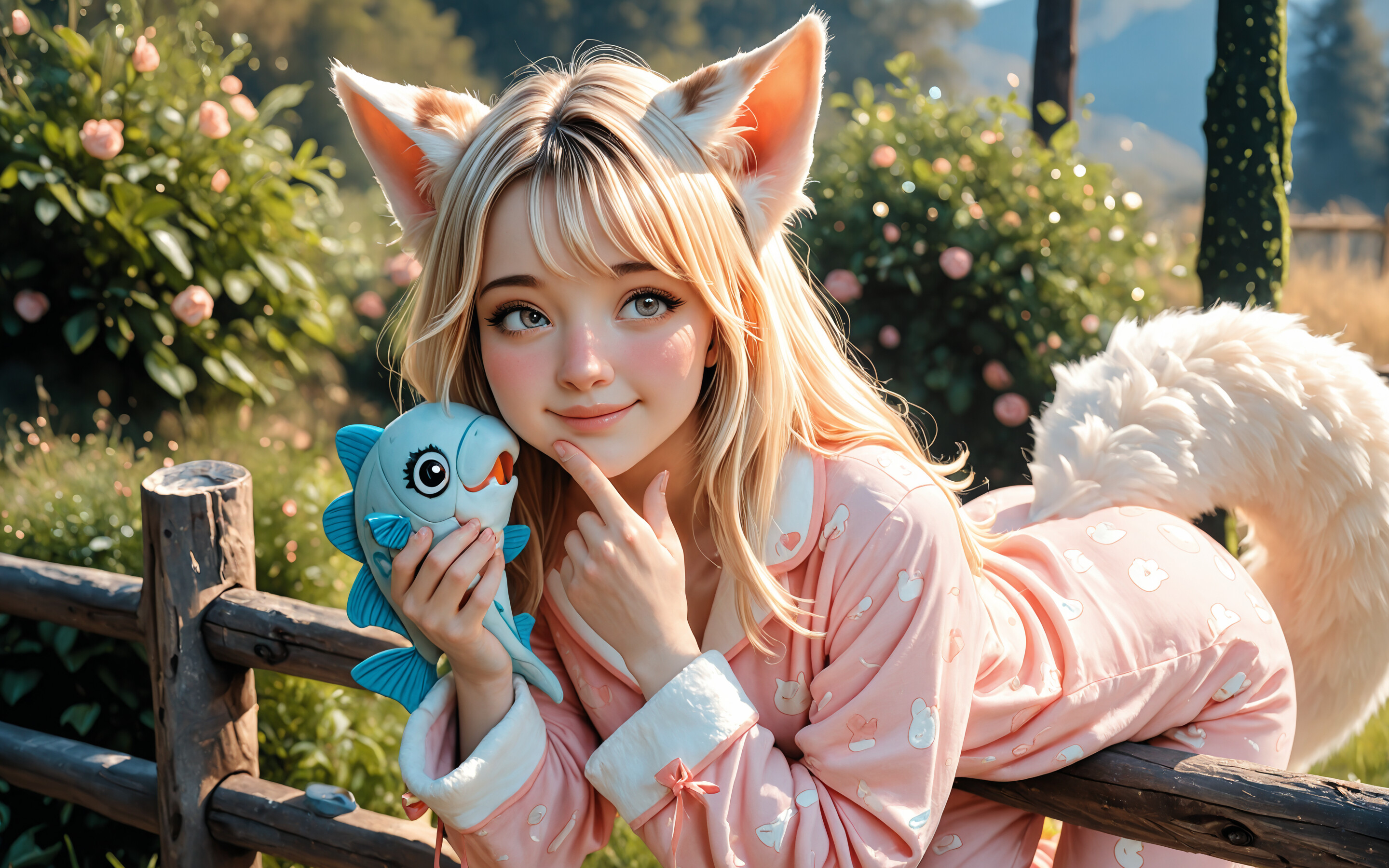 A young blonde girl with large furry cat ears and a fluffy tail, wearing pink pajamas, sits on a wooden bench in a field of flowers, holding a blue fish toy and looking thoughtful.
