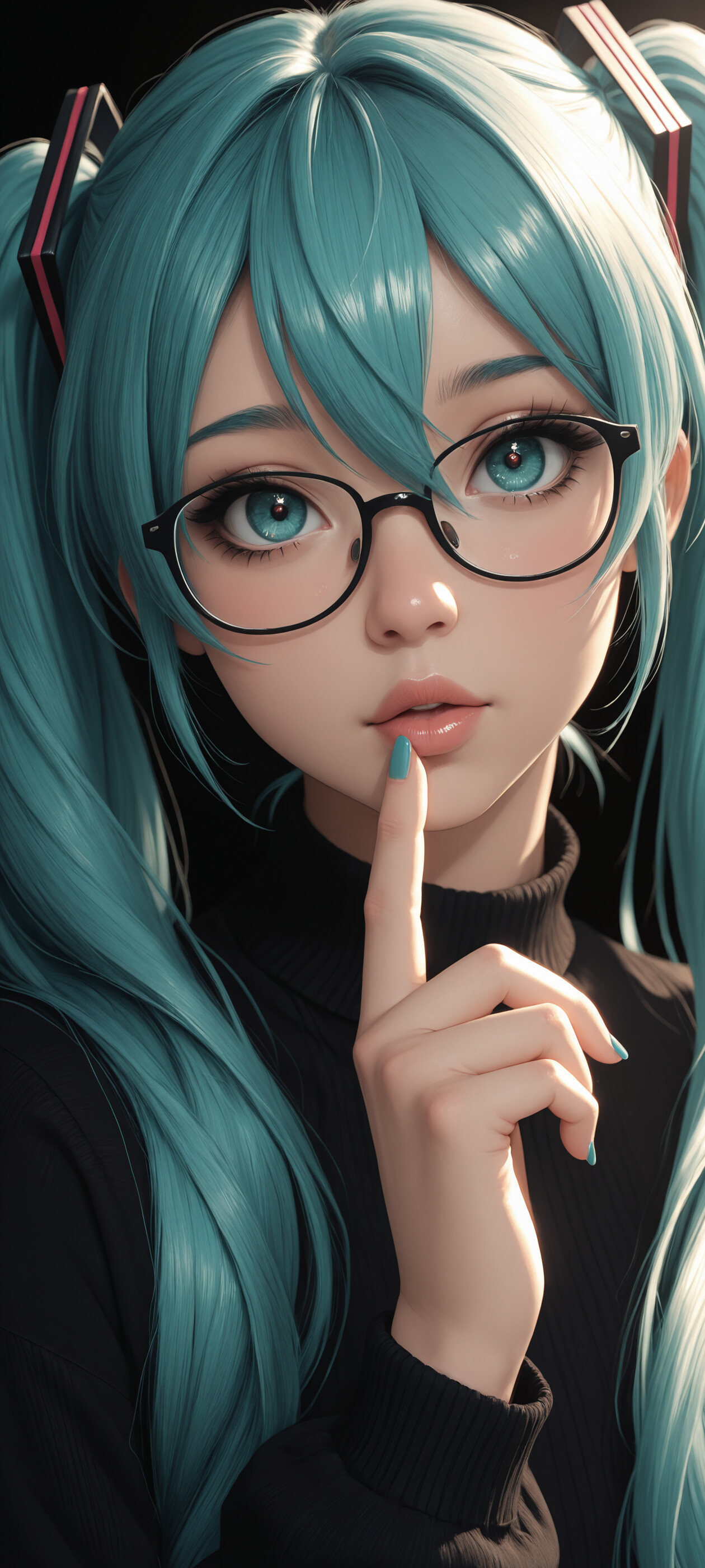 A close-up portrait of Hatsune Miku, a character with long turquoise hair in twintails. She is wearing black glasses and a black shirt with a turquoise tie, holding a finger with a turquoise nail to her lips.