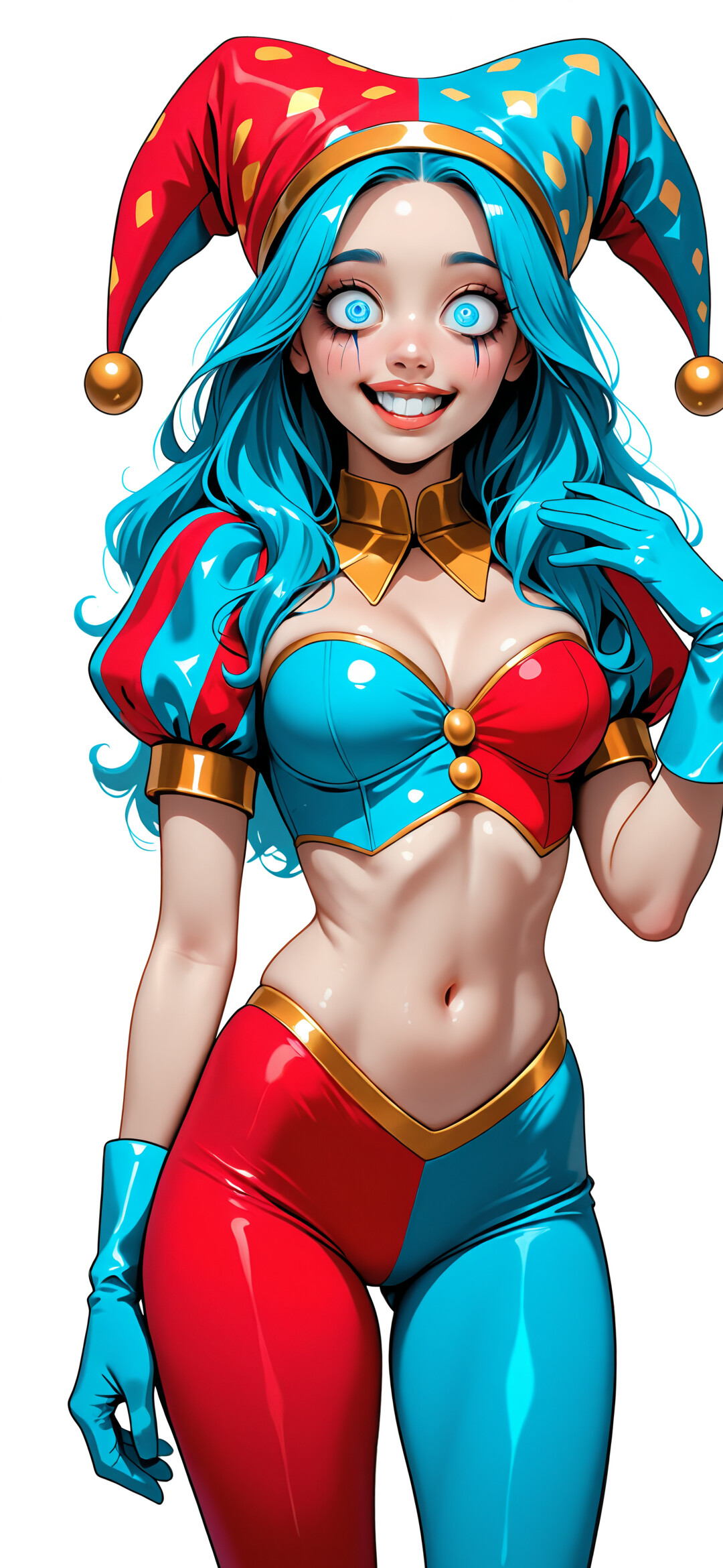 A digital illustration of Pomni from The Amazing Digital Circus, featuring her in a red and blue jester outfit with long blue hair. She has a wide, excited expression with big blue eyes and is posing playfully within a decorative gold border.