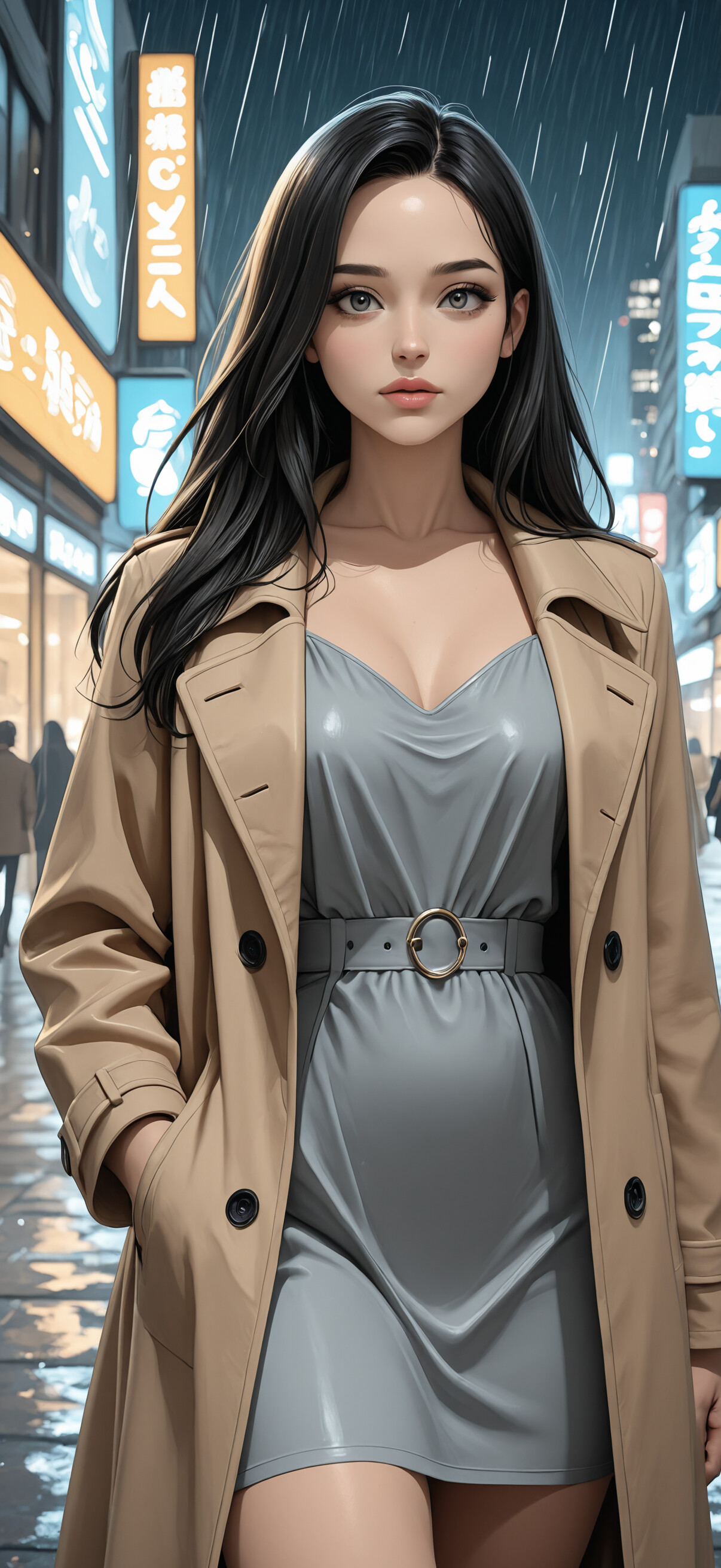 An anime-style illustration of a young woman with long dark hair and a tan trench coat over a black dress, standing on a wet city street at night with glowing neon signs in the background as it rains.