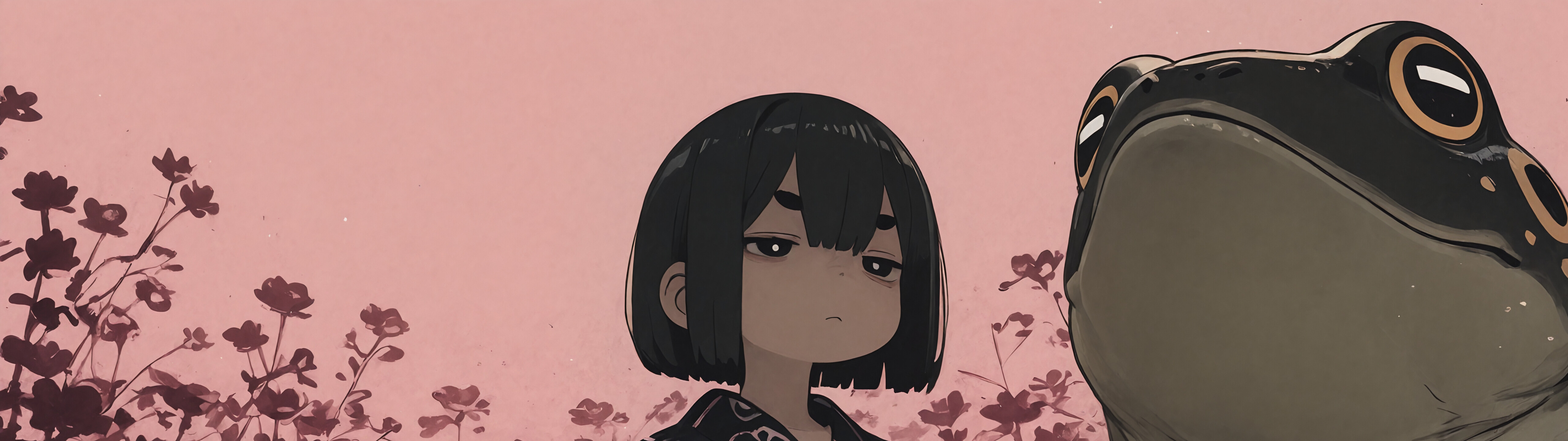 An anime-style illustration of a young girl with short black hair wearing a black floral kimono, sitting on the head of a giant black frog in a pond. The background is pink with a large white circle behind her.