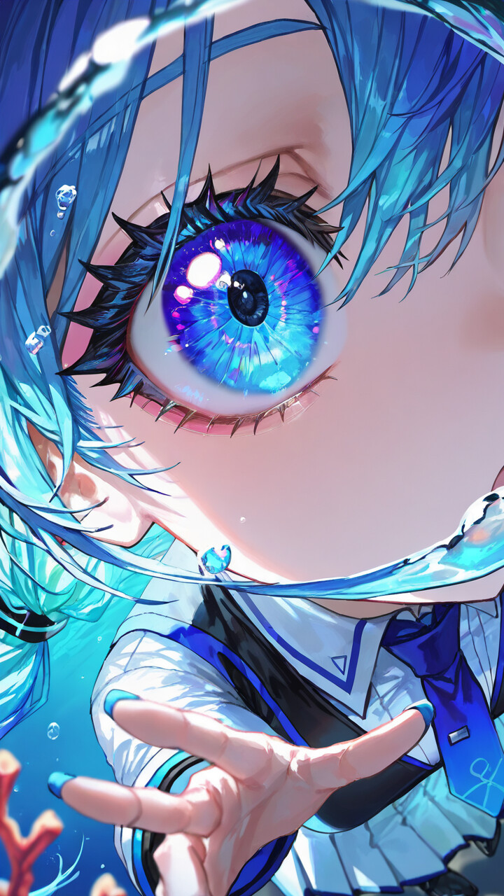 Extreme close-up on the vibrant, detailed blue anime eyes of Hatsune Miku. A miniature version of her full body is reflected beautifully within her left pupil.