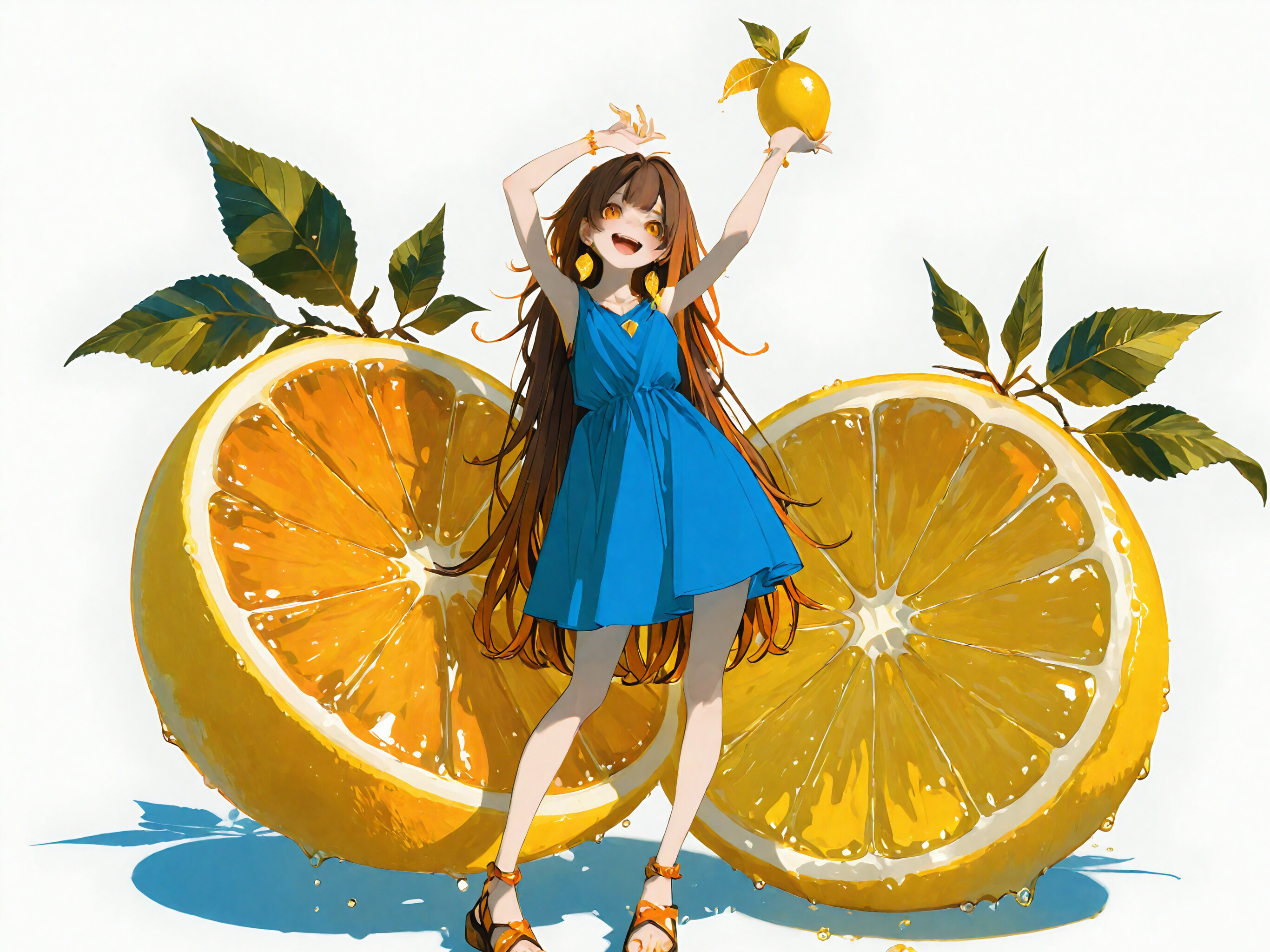 A full-body illustration of a happy anime girl with long brown and orange hair in a blue dress, holding a lemon above her head. Behind her are two giant lemon slices on a white background.