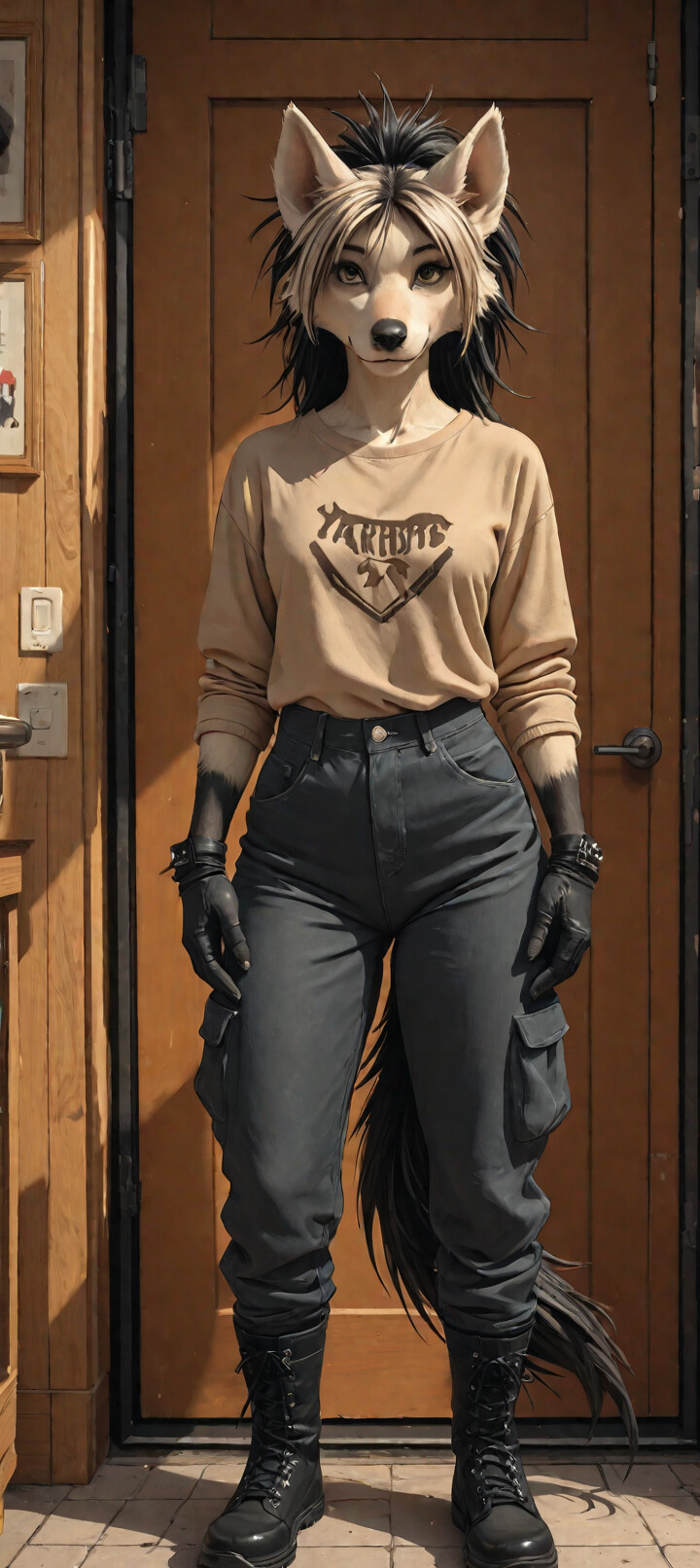 An anthropomorphic aardwolf with black and white fur and large ears, wearing a grey hoodie, sits at a wooden table in a rustic room, looking at the viewer with a mug of a hot, steaming drink in front of them.