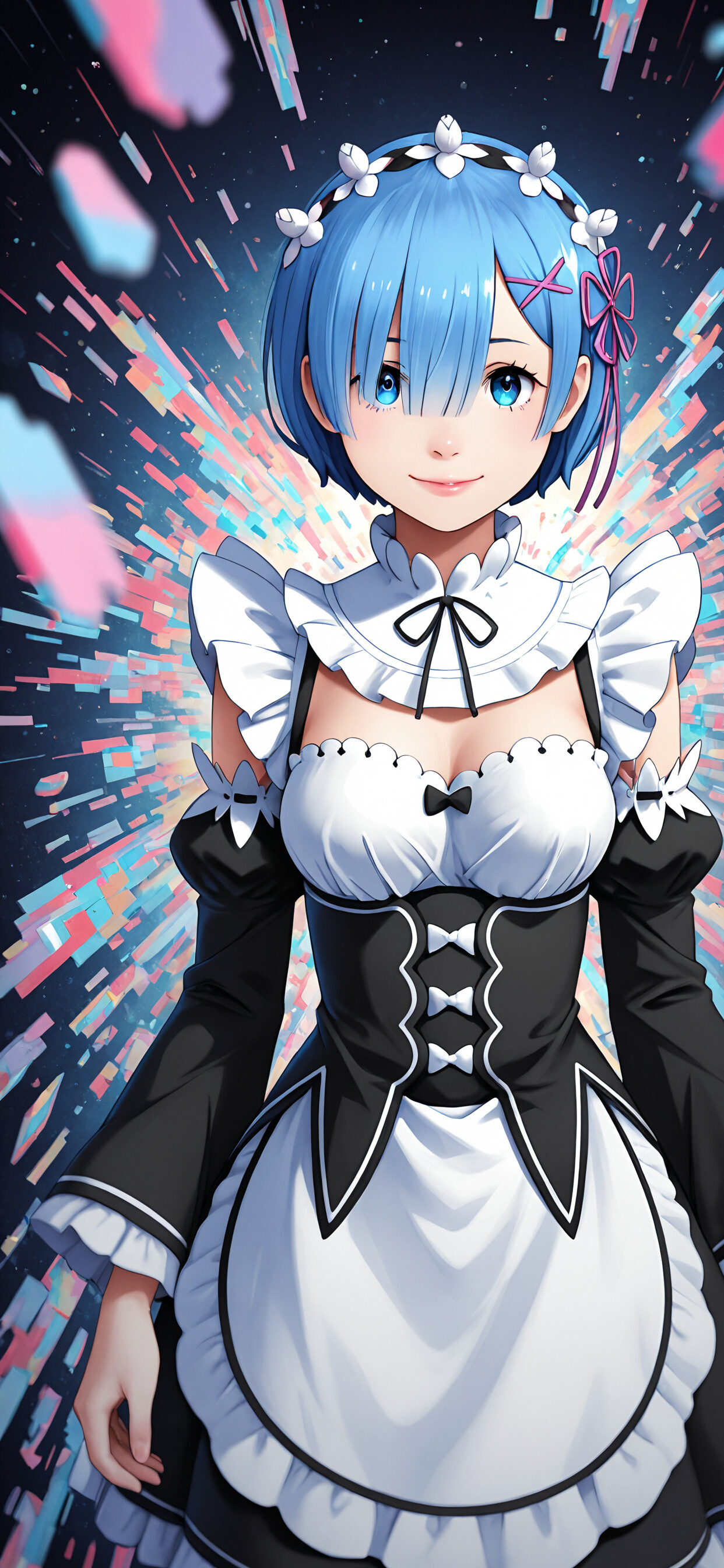 An anime-style illustration of Rem from Re:Zero, a young woman with short blue hair and a maid outfit, smiling gently in front of an abstract pink and blue background with floating fragments.