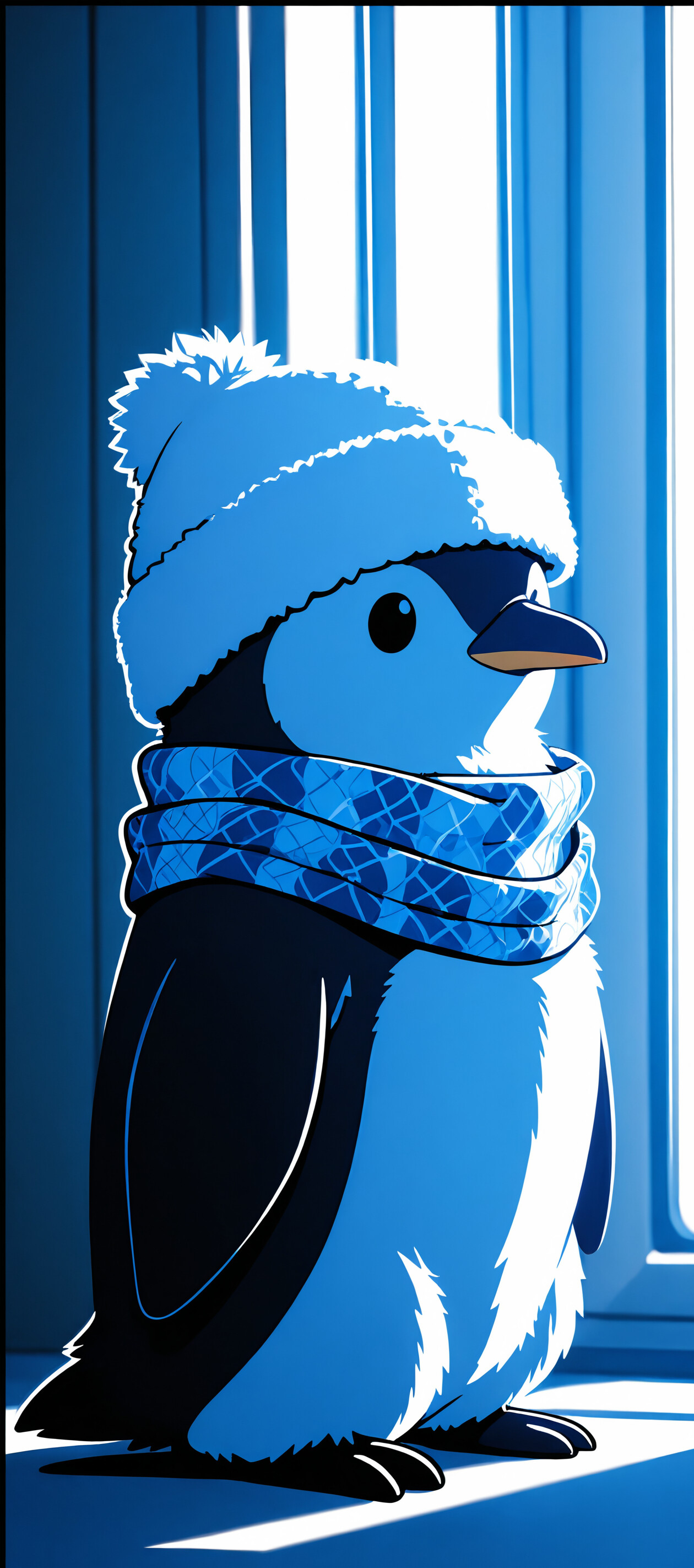 An adorable anime-style penguin wearing a blue winter hat and a matching plaid scarf stands in a snowy forest at night as snow falls around it.