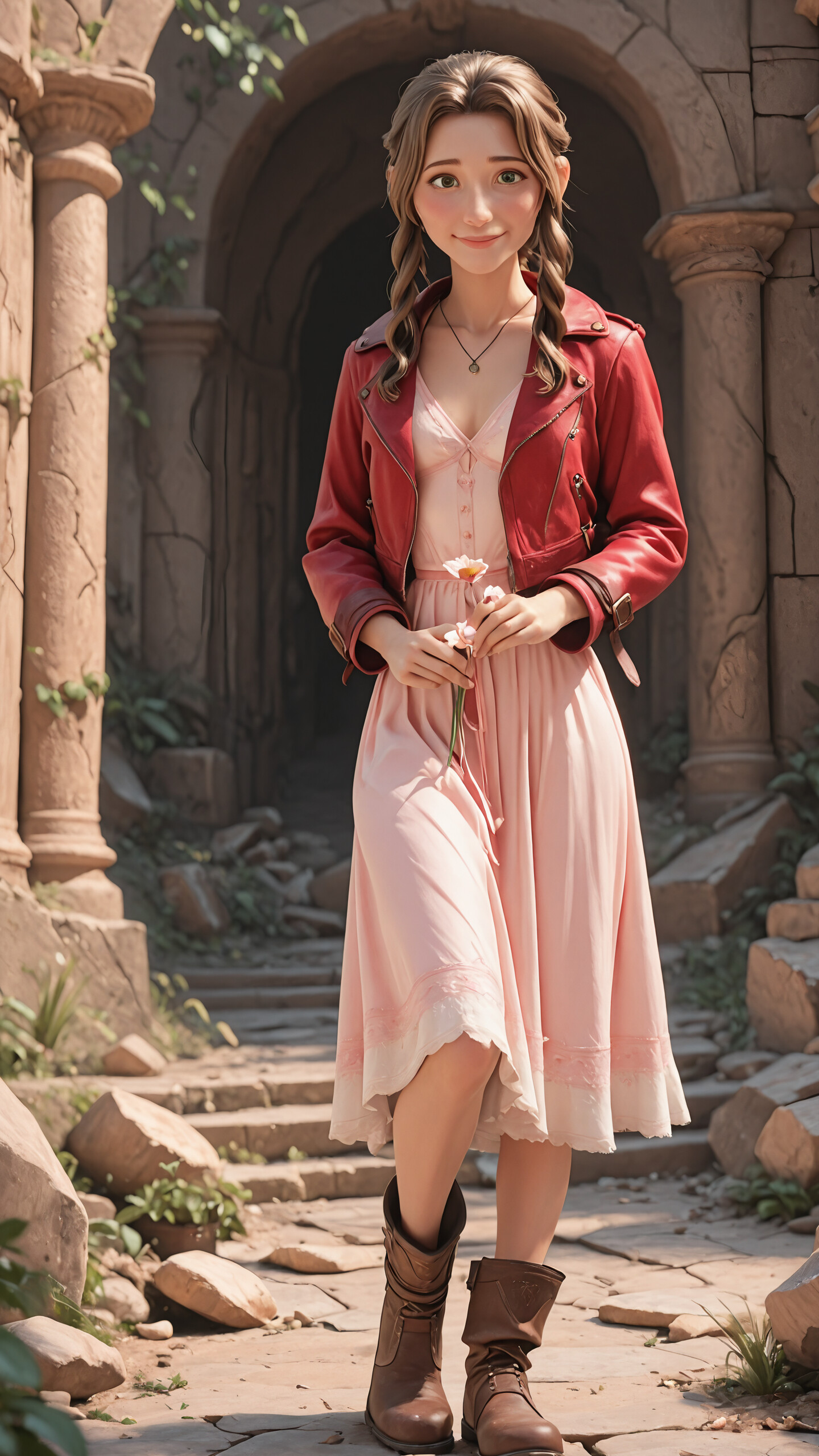 A full-body portrait of Aerith Gainsborough from Final Fantasy VII, wearing her classic pink dress and red jacket. She is smiling sweetly while holding a pink lily in a stone ruin setting.