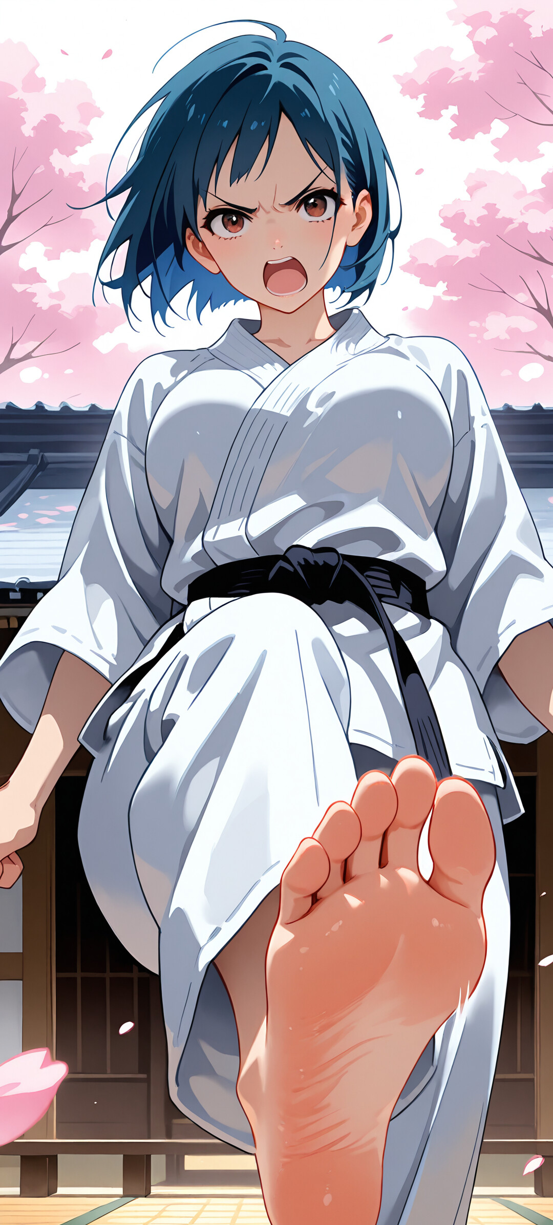An anime girl with short blue hair, identified as Akane Tendo, in a white karate gi and black belt, performs a powerful stomp towards the camera. She has an angry expression and is outdoors at a dojo with cherry blossoms in the background.