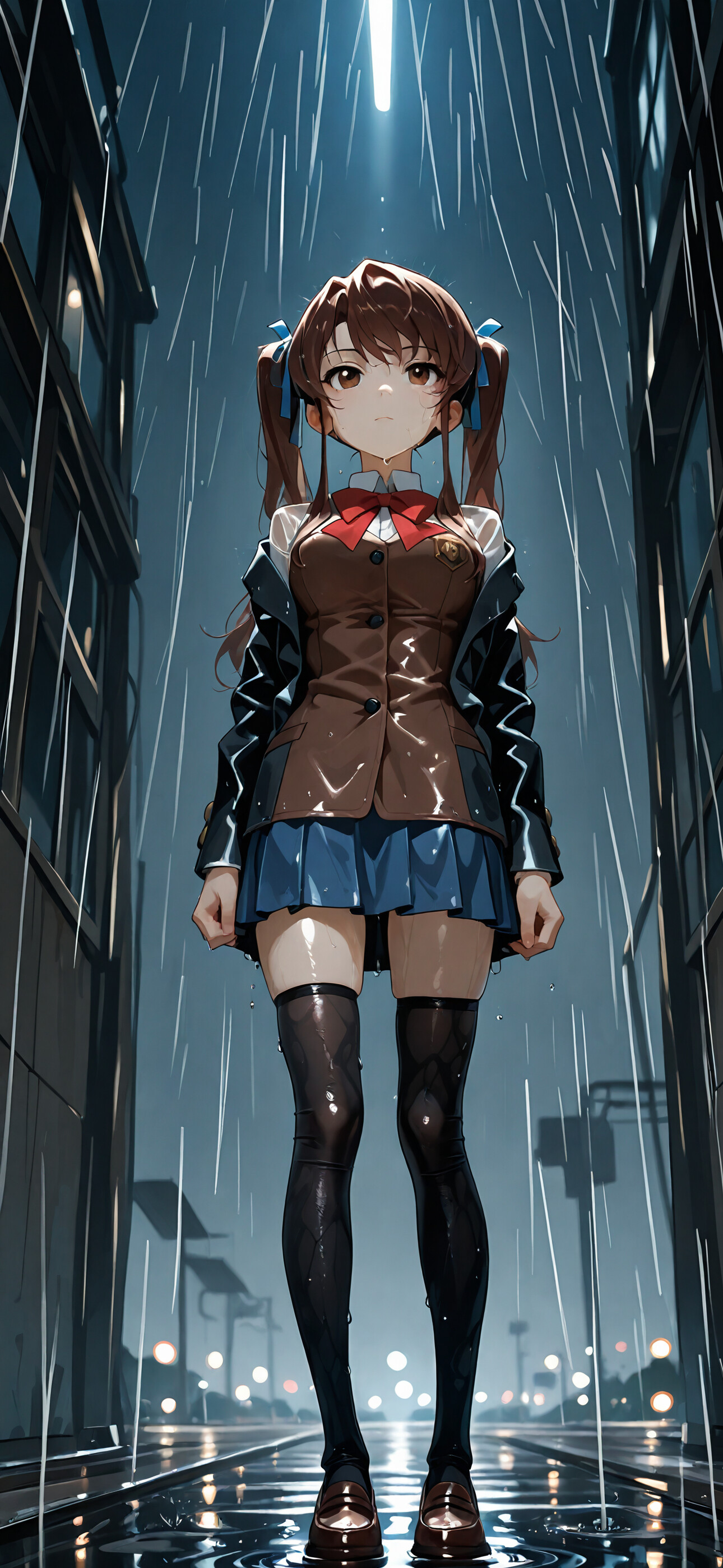 An anime girl with long brown hair in twin tails, identified as Akazawa Izumi, wearing a wet school uniform while standing in a dark, rainy setting and looking directly at the camera.
