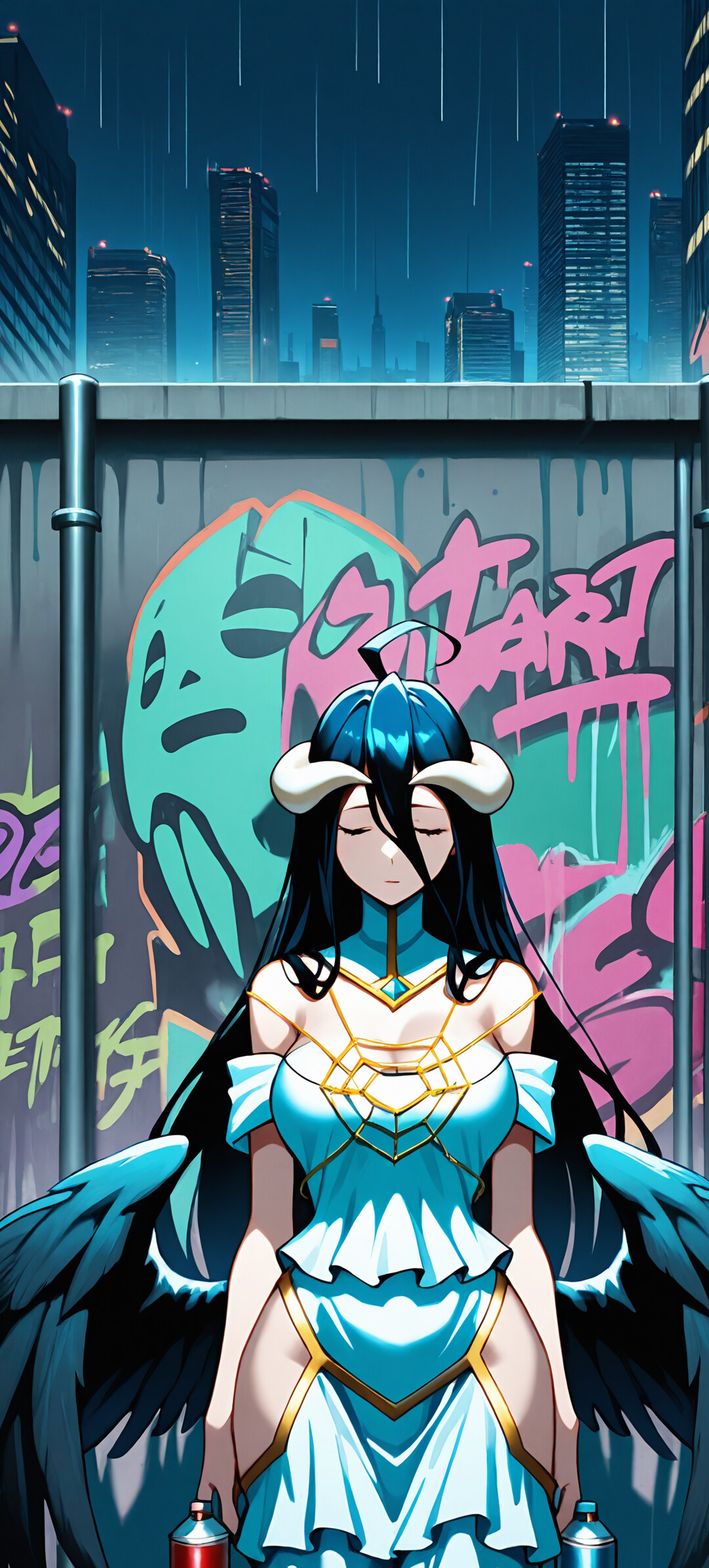 Albedo from Overlord in a tight black catsuit, standing in a rainy cyberpunk city at night with a spray can, leaning against a graffiti-covered wall with skyscrapers in the background.
