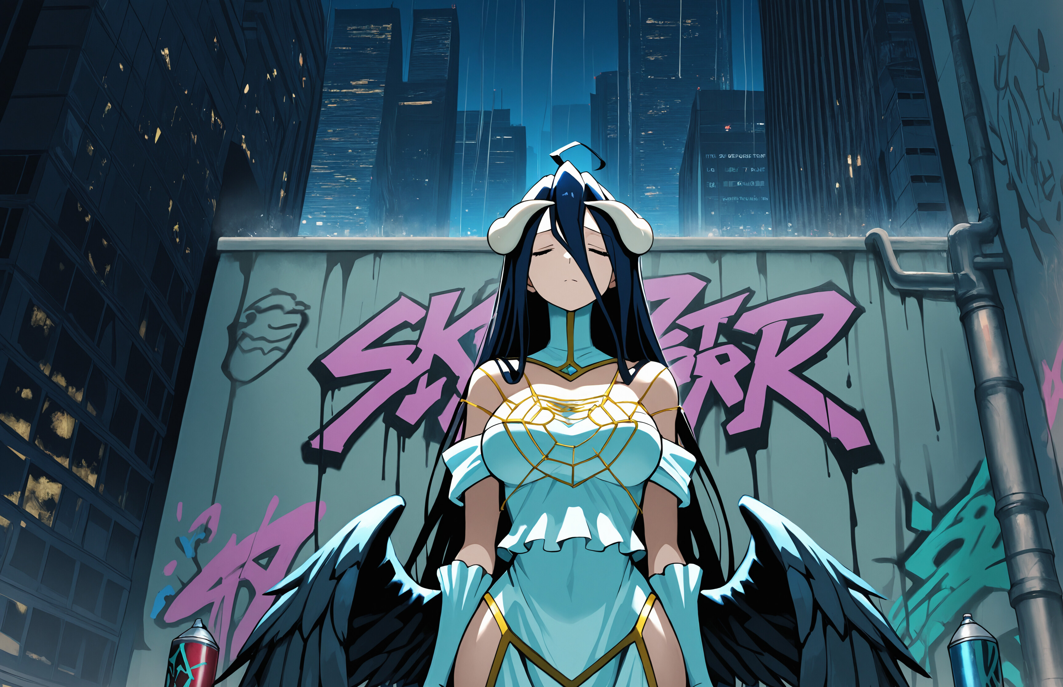 Albedo from Overlord in a tight black catsuit, standing in a rainy cyberpunk city at night with a spray can, leaning against a graffiti-covered wall with skyscrapers in the background.
