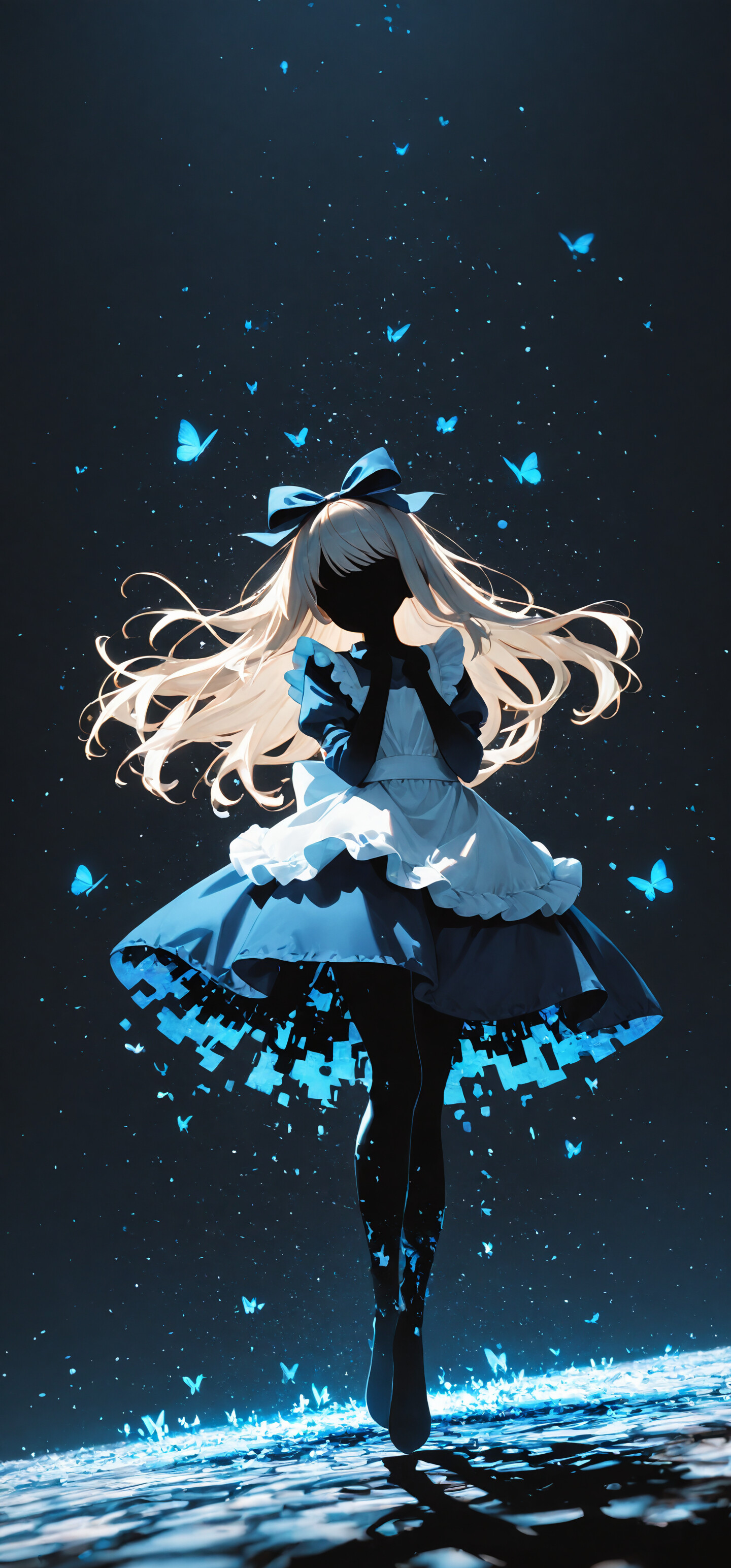 An artistic illustration of Alice from Alice in Wonderland, portrayed as a faceless silhouette with flowing platinum blonde hair. She is wearing her classic blue dress and white apron, floating in a dark void surrounded by glowing particles and butterflies as her legs dissolve into digital fragments.