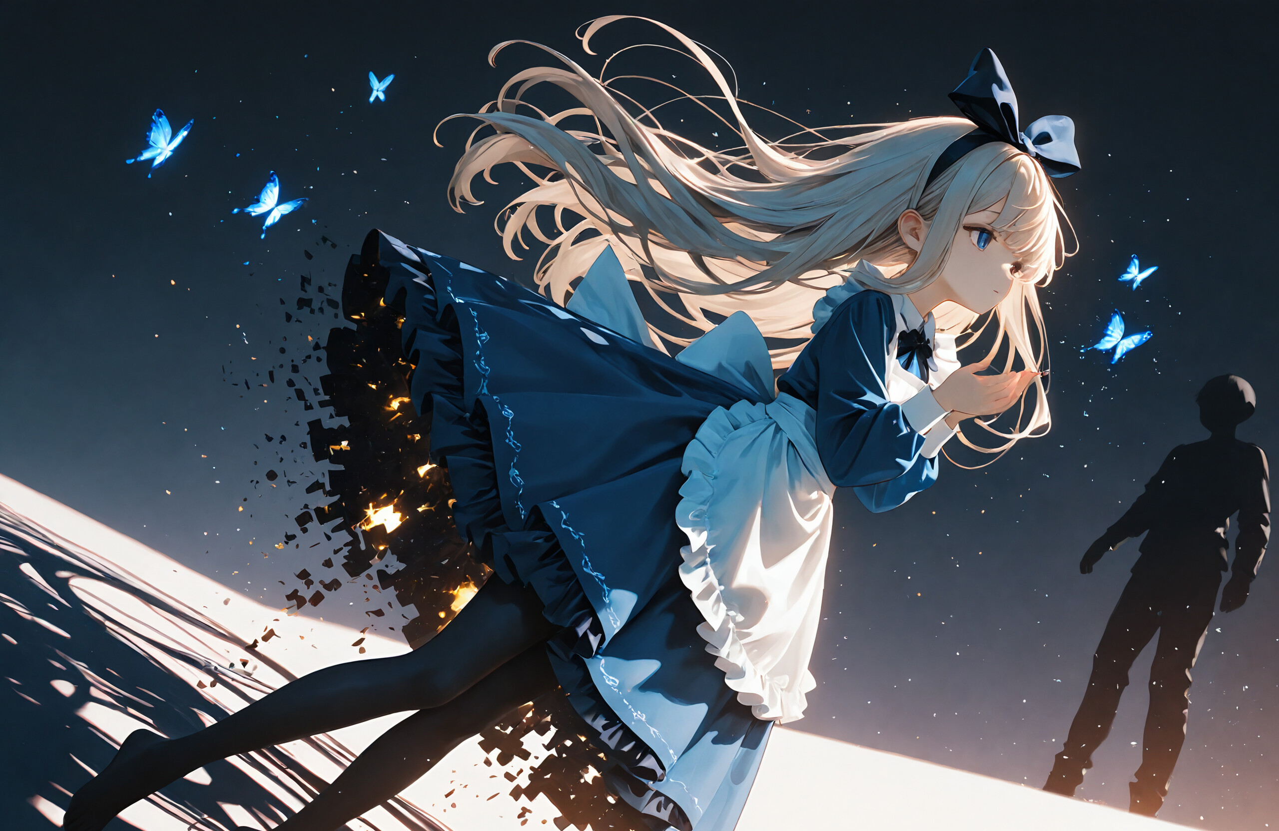 An artistic illustration of Alice from Alice in Wonderland, portrayed as a faceless silhouette with flowing platinum blonde hair. She is wearing her classic blue dress and white apron, floating in a dark void surrounded by glowing particles and butterflies as her legs dissolve into digital fragments.