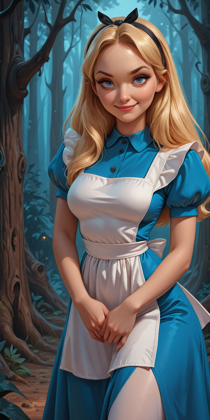 A digital illustration of Alice from Alice in Wonderland with long blonde hair and blue eyes, wearing her iconic blue dress and white apron. She stands in a dark, enchanted forest and smiles at the viewer while a small, magical flame floats above her open palm.