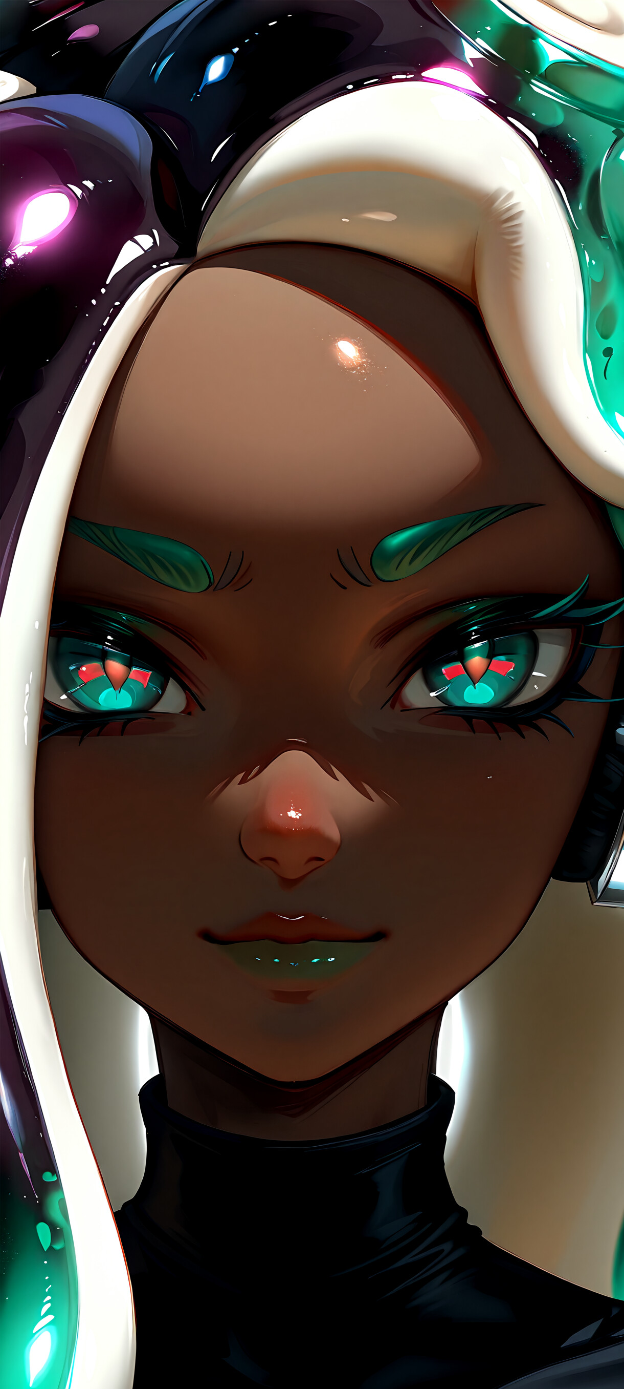 A close-up digital illustration of Marina from Splatoon 2. She has dark skin, glossy dark blue and teal tentacle hair, and large headphones. Her teal eyes with magenta star pupils glow in the dark, and she has a subtle, confident smile.