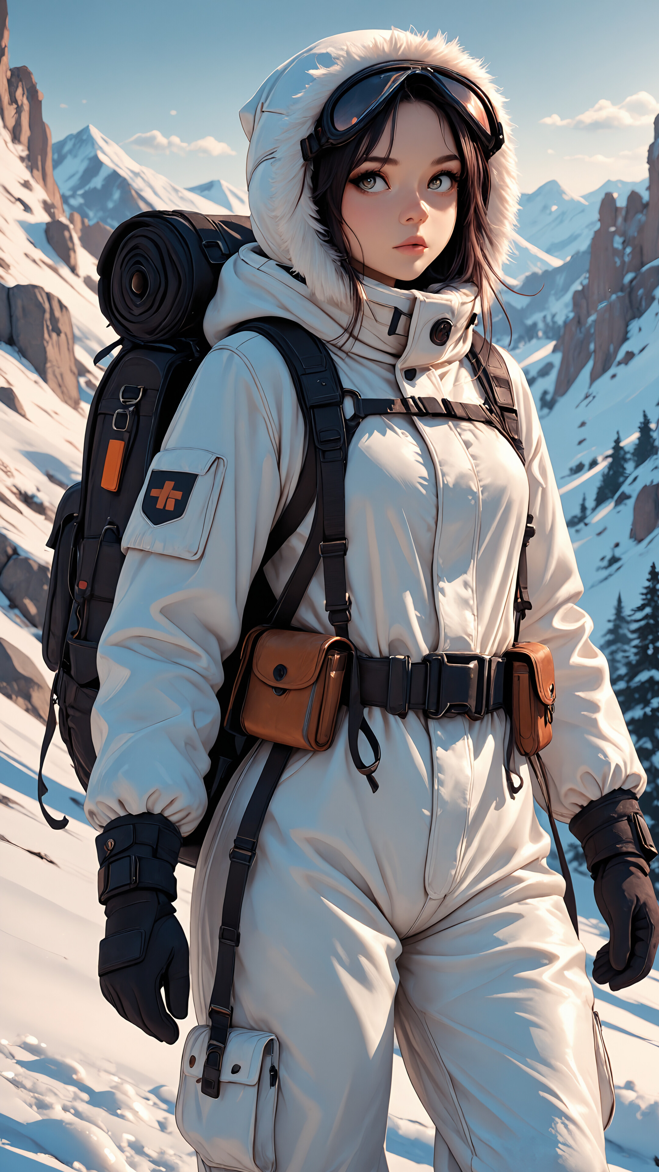A digital illustration of a young anime-style woman with dark hair and blue eyes crouching in the snow on a mountain. She wears a white winter jacket, a white hat with a pom-pom, black pants, gloves, and a backpack, surrounded by snowy peaks.