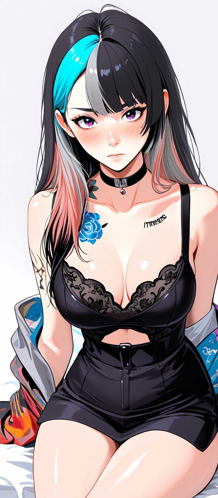 A close-up digital illustration of a beautiful young woman with long black and white hair, captivating purple eyes, and extensive rose tattoos on her neck and chest, wearing a black choker.