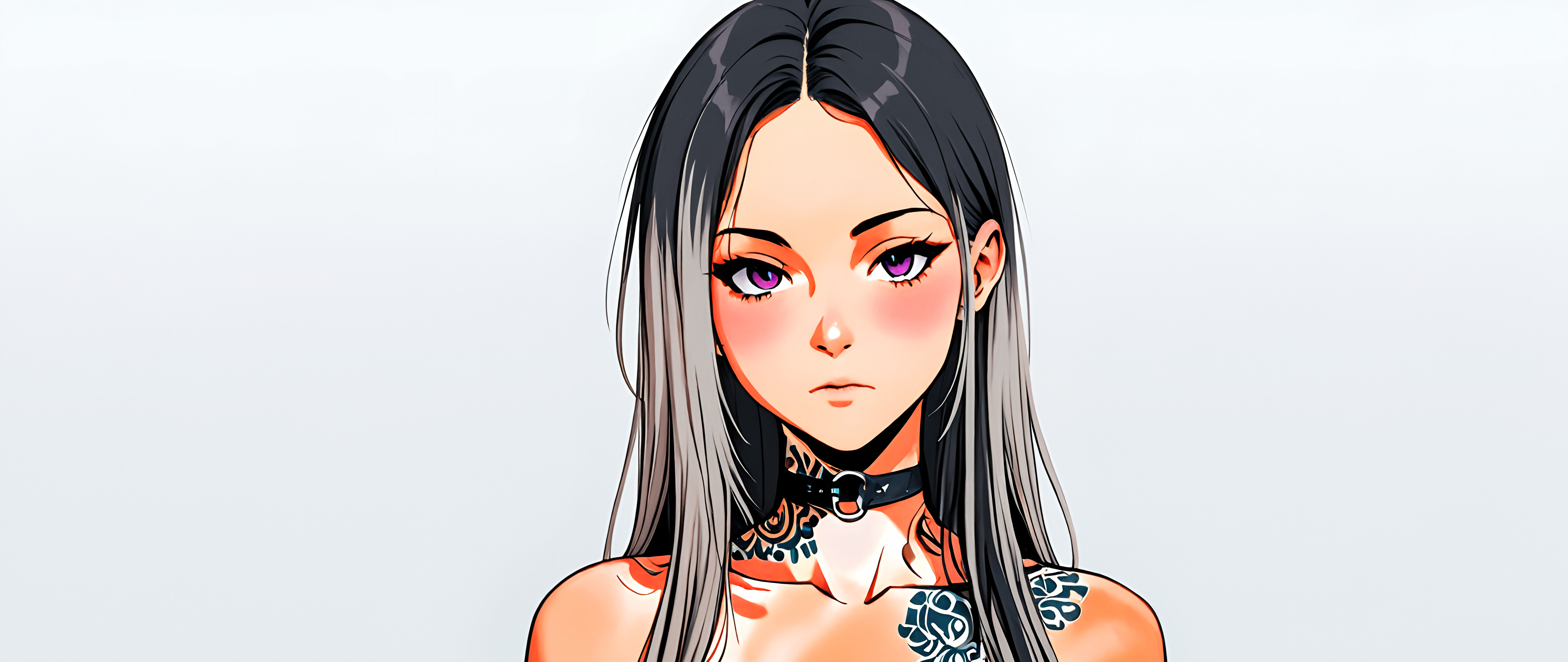 A close-up digital illustration of a beautiful young woman with long black and white hair, captivating purple eyes, and extensive rose tattoos on her neck and chest, wearing a black choker.