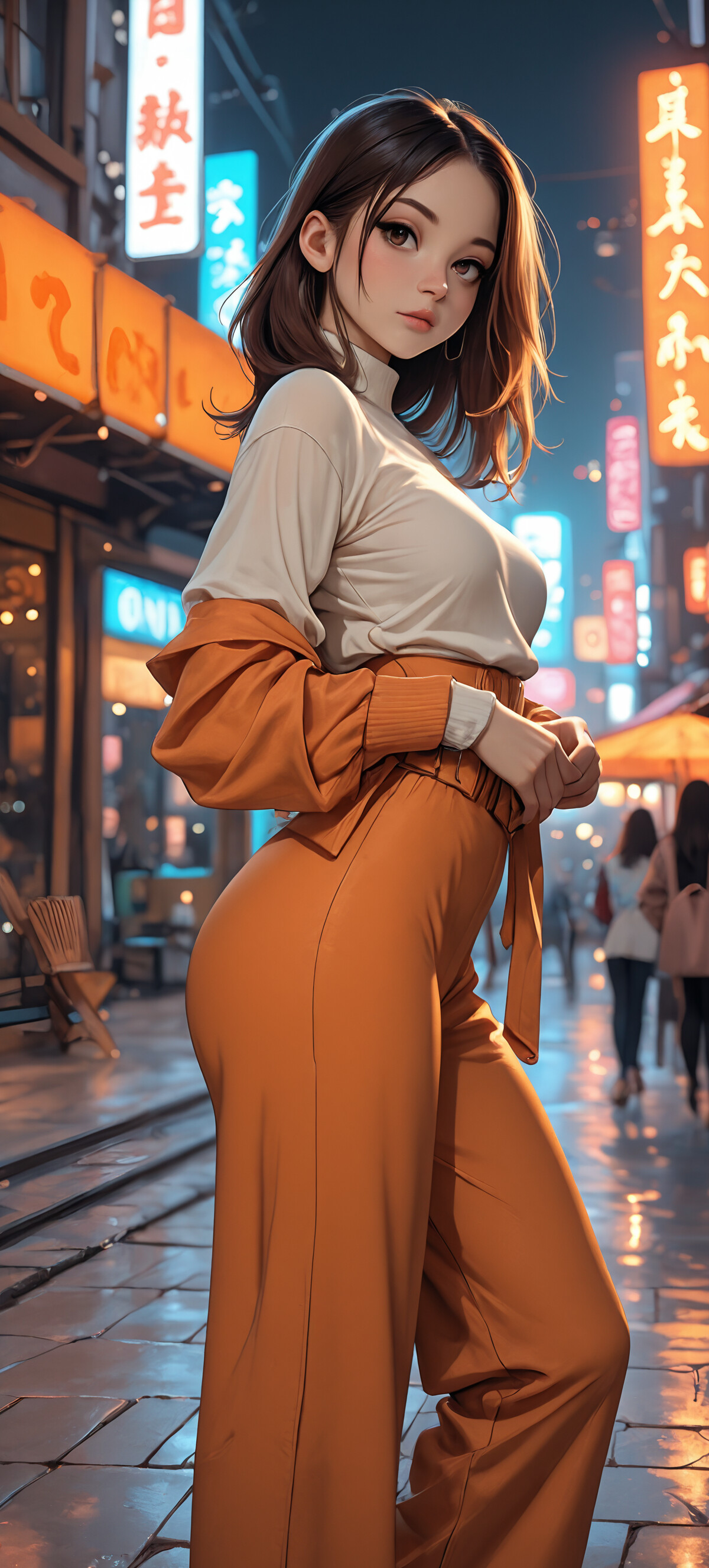A detailed illustration of a young woman with long black hair and brown eyes. She wears a low-cut orange top and stands on a city street at night, illuminated by the warm glow of lanterns.