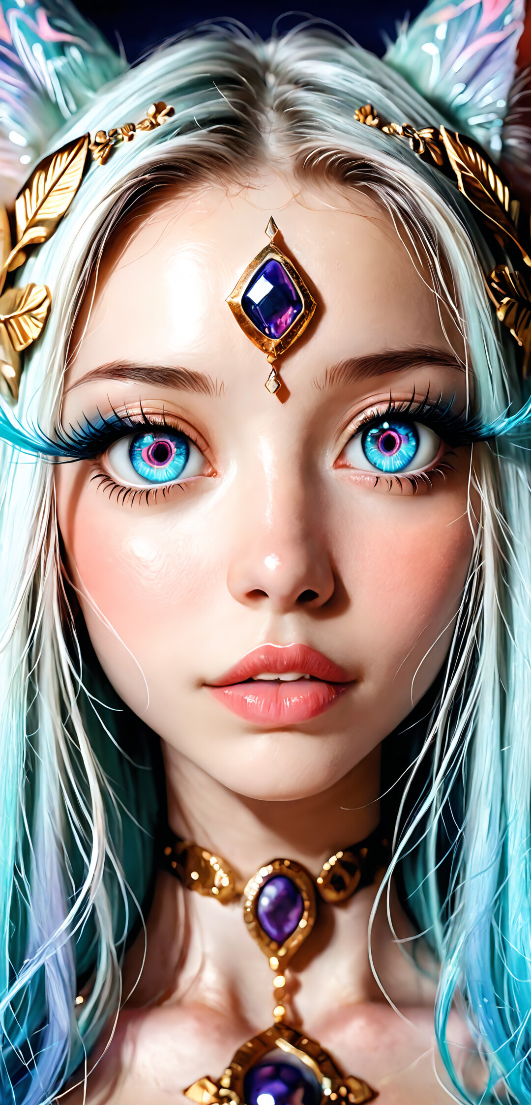 A close-up digital portrait of a beautiful fantasy woman with large, vibrant purple eyes and dark hair. She wears intricate gold and gemstone jewelry and holds a glowing purple crystal against a backdrop of a starry, purple nebula.