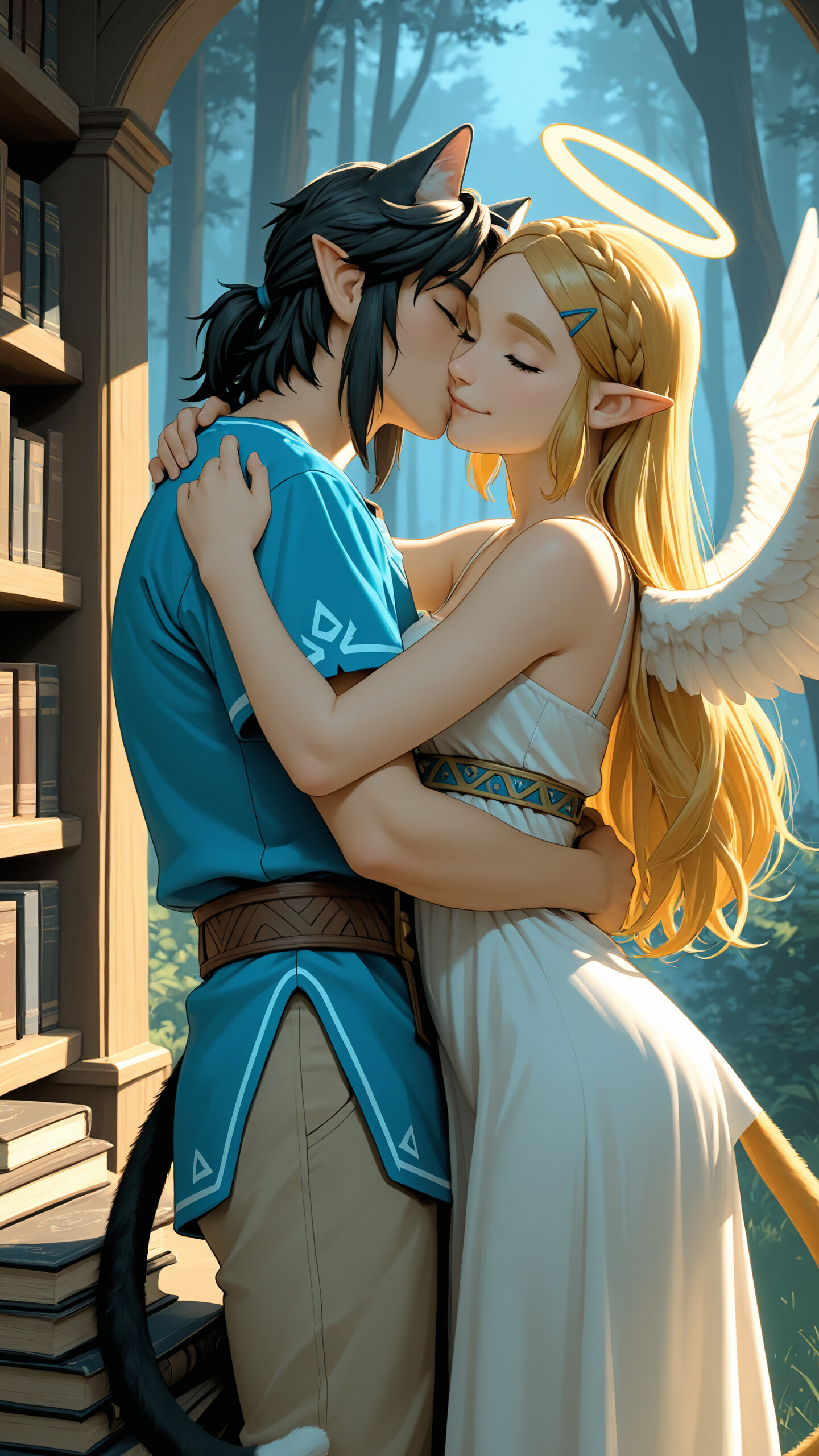 A digital illustration of Princess Zelda, portrayed as an angel with wings and a halo, tenderly hugging Link, who is shown as a boy with black cat ears and a tail. They are in a library with a forest view.