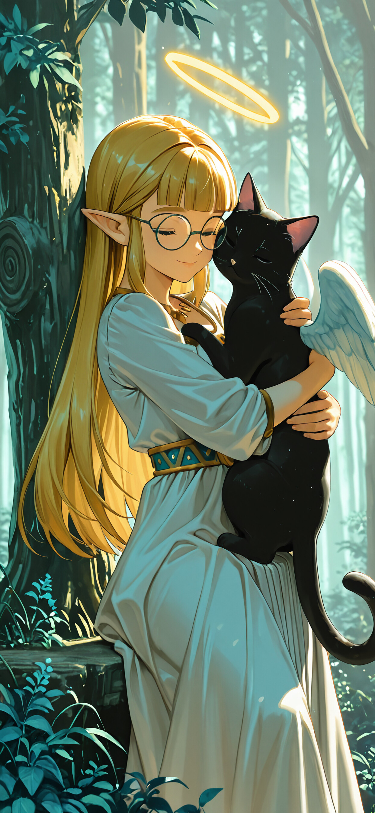 An anime-style illustration of an angelic Princess Zelda with blonde hair, glasses, and white wings, gently hugging a black cat in a sunlit forest.