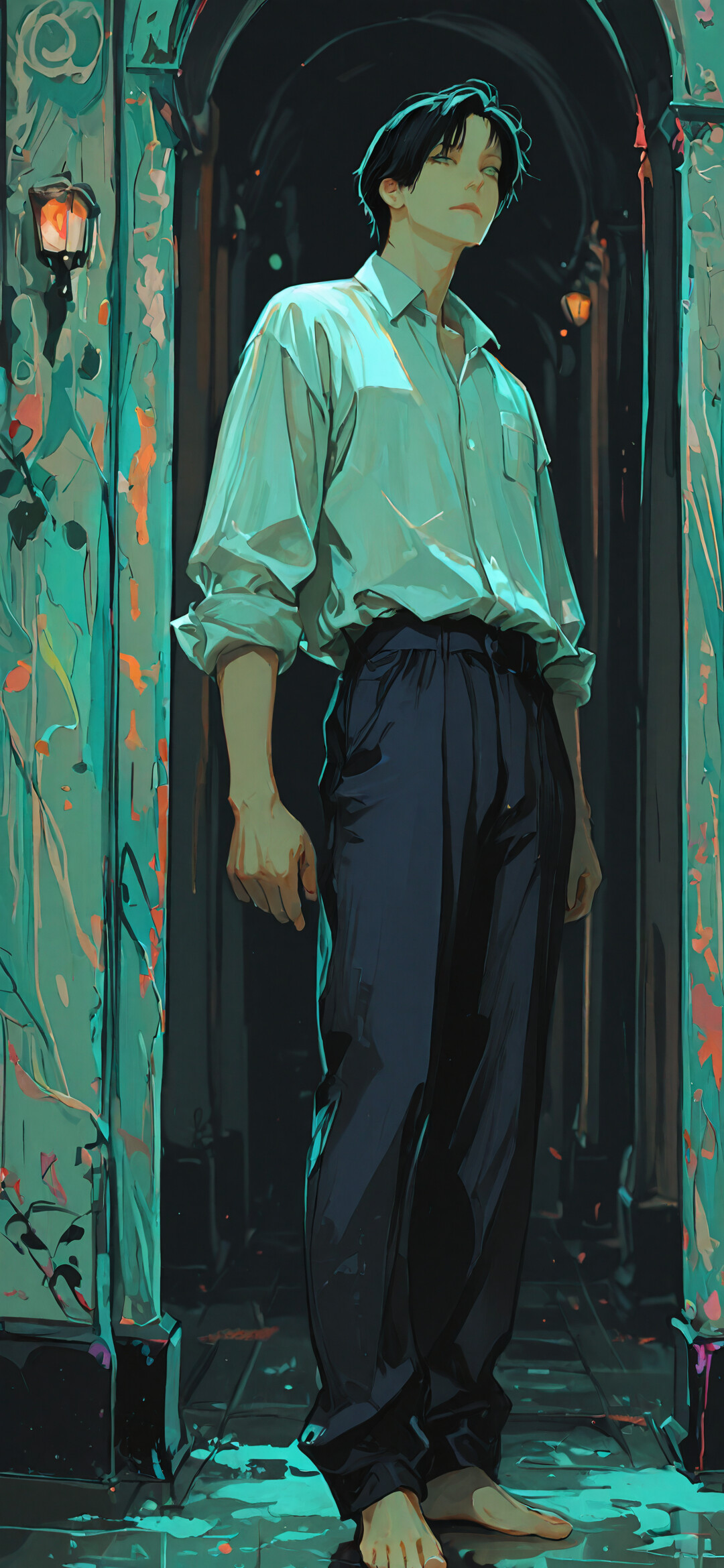A full-body digital painting of a barefoot artist, a man with black hair, standing in a dark, grand hallway. He wears a paint-stained shirt and trousers, looking up thoughtfully towards a brightly glowing turquoise arched window behind him.