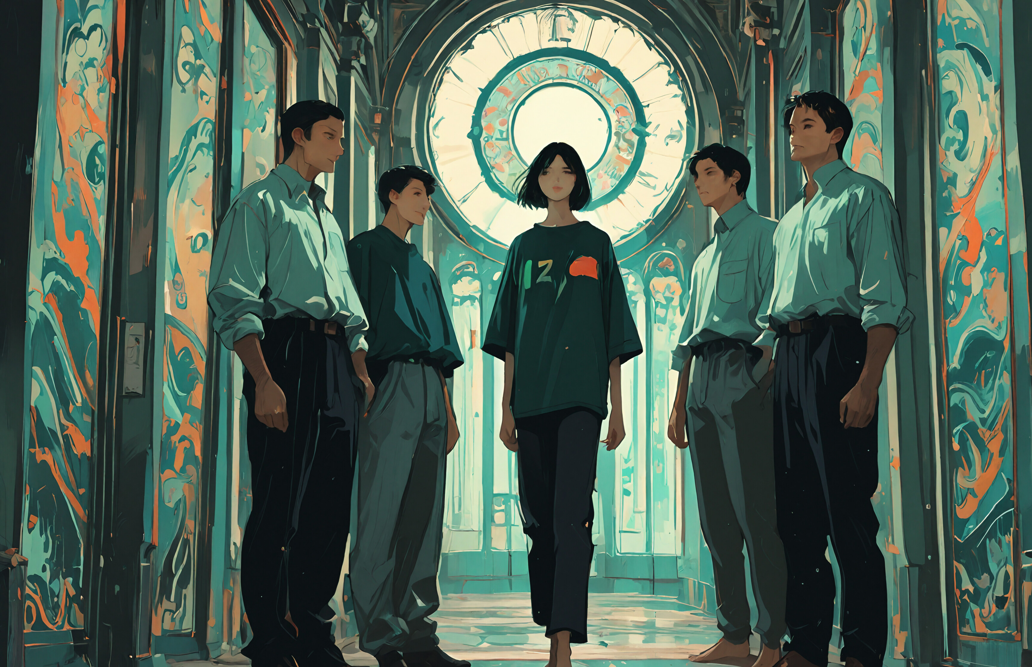 A full-body digital painting of a barefoot artist, a man with black hair, standing in a dark, grand hallway. He wears a paint-stained shirt and trousers, looking up thoughtfully towards a brightly glowing turquoise arched window behind him.