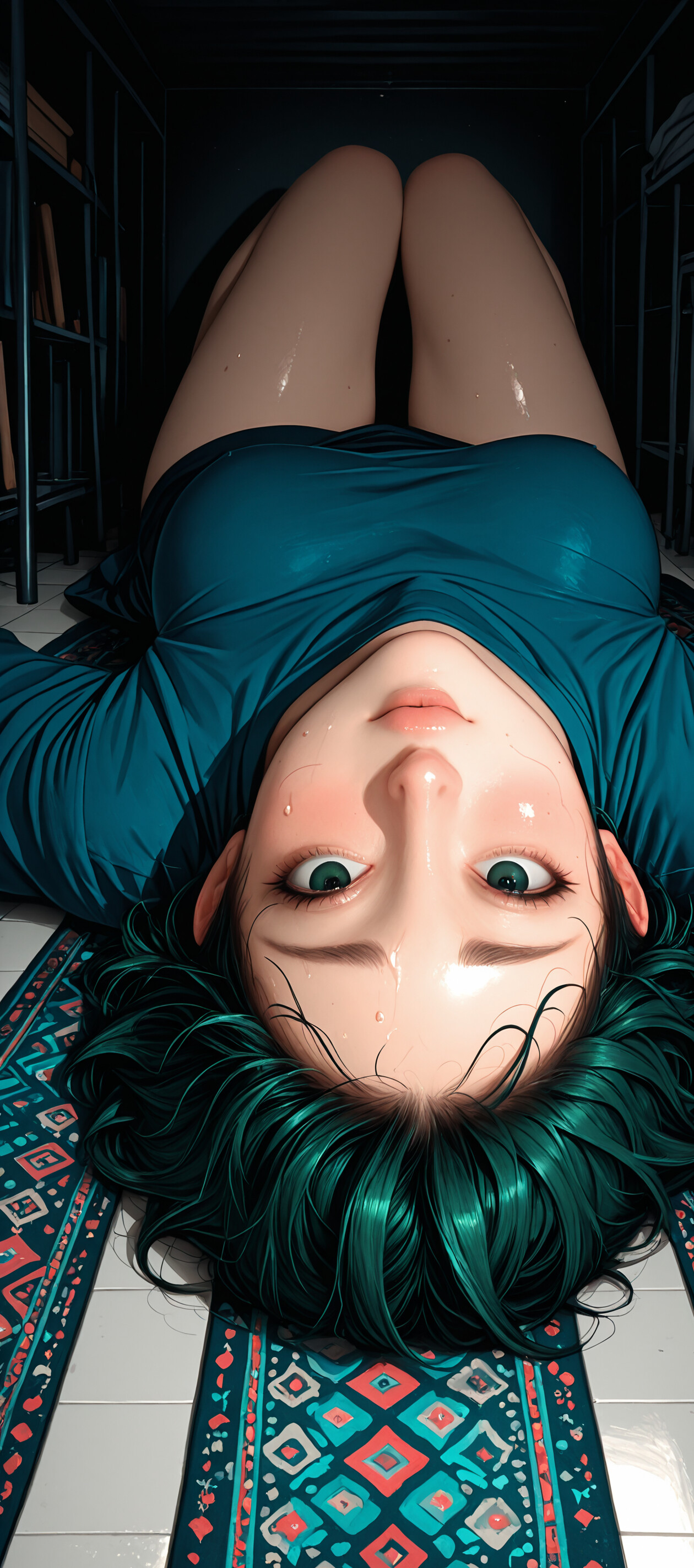 An illustration of a young woman with dark teal hair and green eyes lying on her back on a patterned rug, looking up at the viewer with an intense, upside-down expression in a dark room.