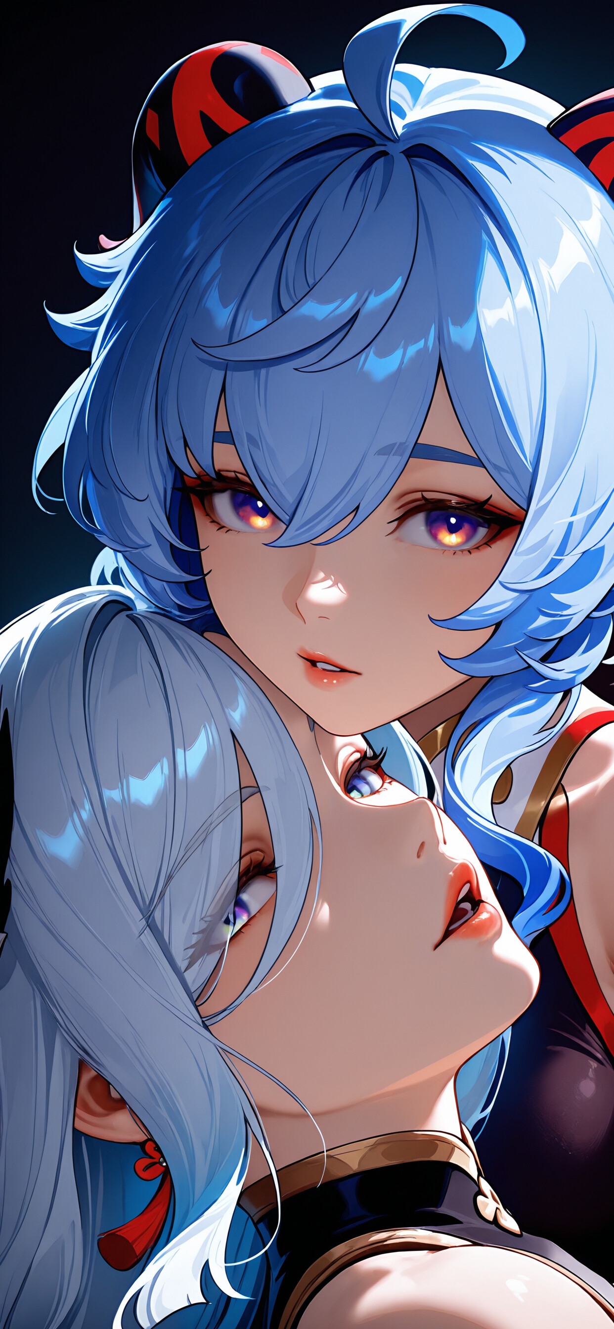 A close-up digital illustration of Ganyu and Shenhe from Genshin Impact. Ganyu, with blue hair and horns, looks surprised, while Shenhe, with long white hair, leans in close to her.