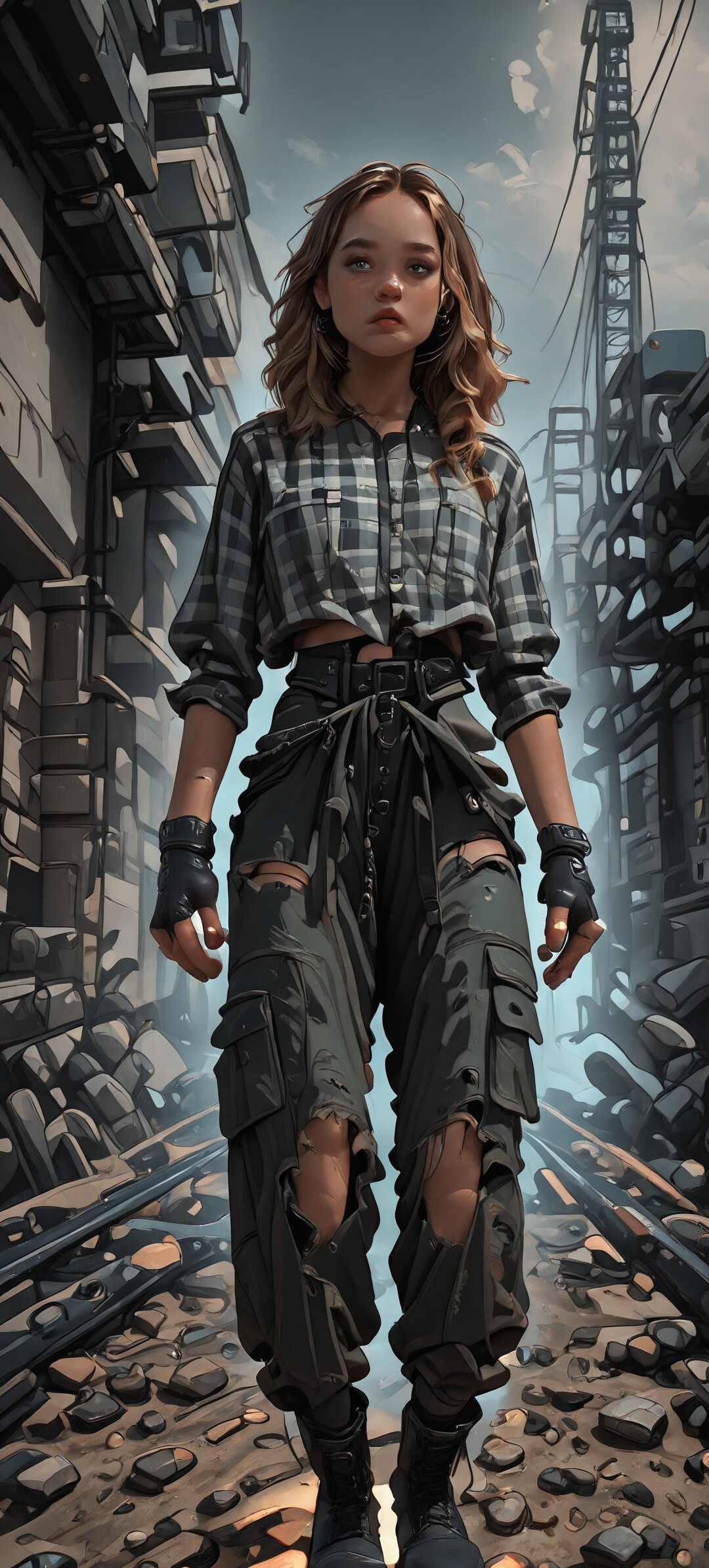 A full-body digital illustration of a young woman with blonde hair in a dystopian city. She is wearing a ripped plaid crop top, torn green cargo pants, and fingerless gloves, standing amidst rubble with a large metal anchor on the ground near her feet.