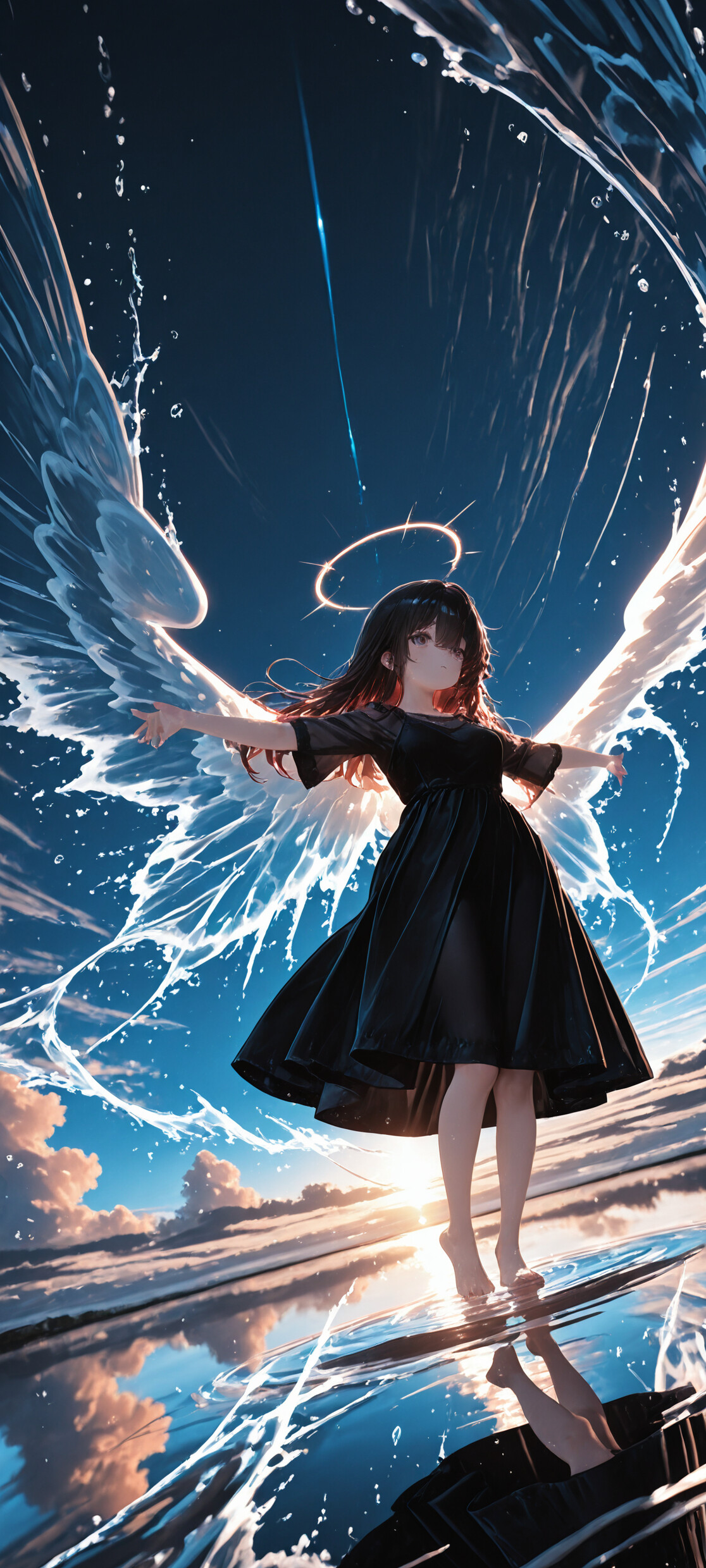 An anime girl with dark hair and large, transparent water wings stands on a reflective water surface under a dramatic blue sky with sunset clouds. She wears a black dress and has her arms spread wide.