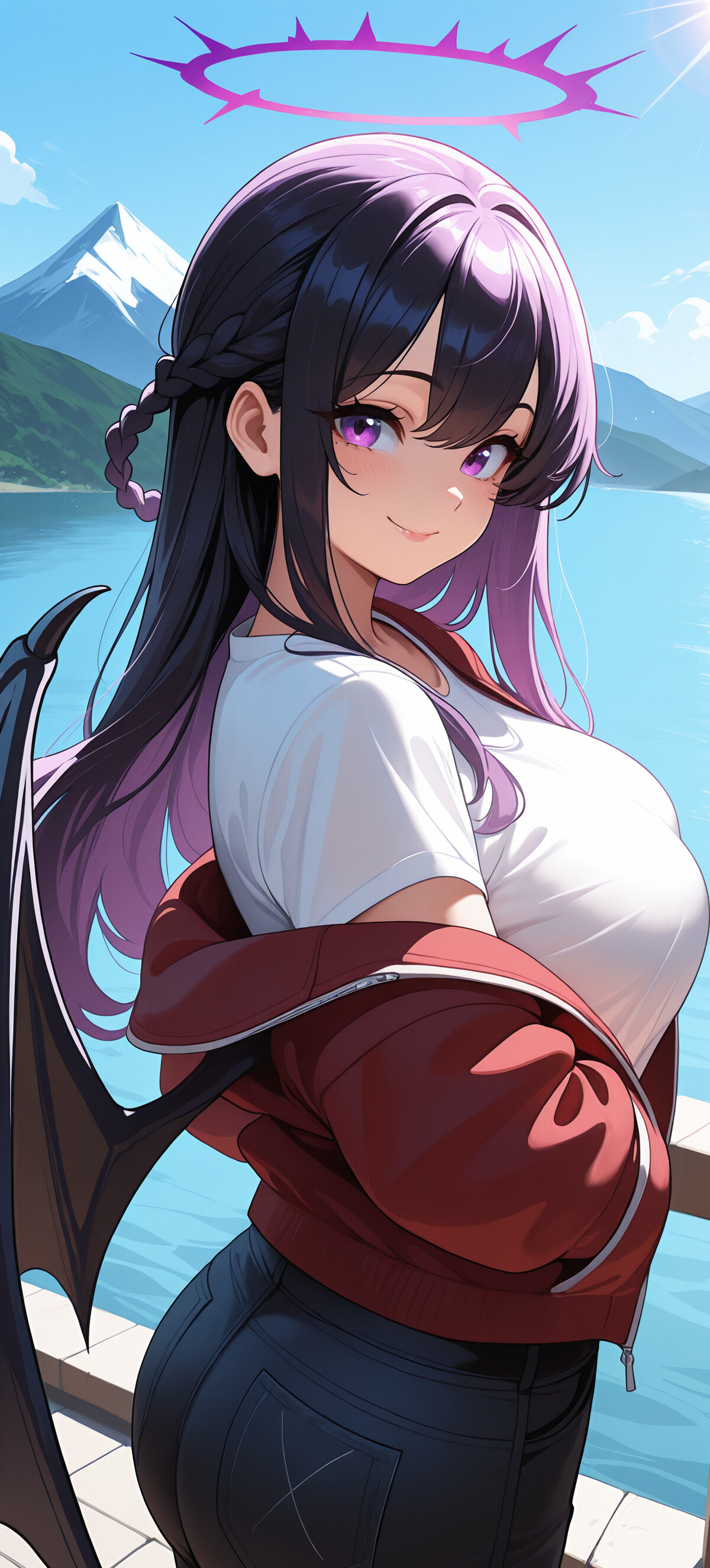 An anime girl with black and purple hair, a purple halo, and black demon wings, wearing a white shirt and red jacket, smiles while standing by a lake with mountains in the background.