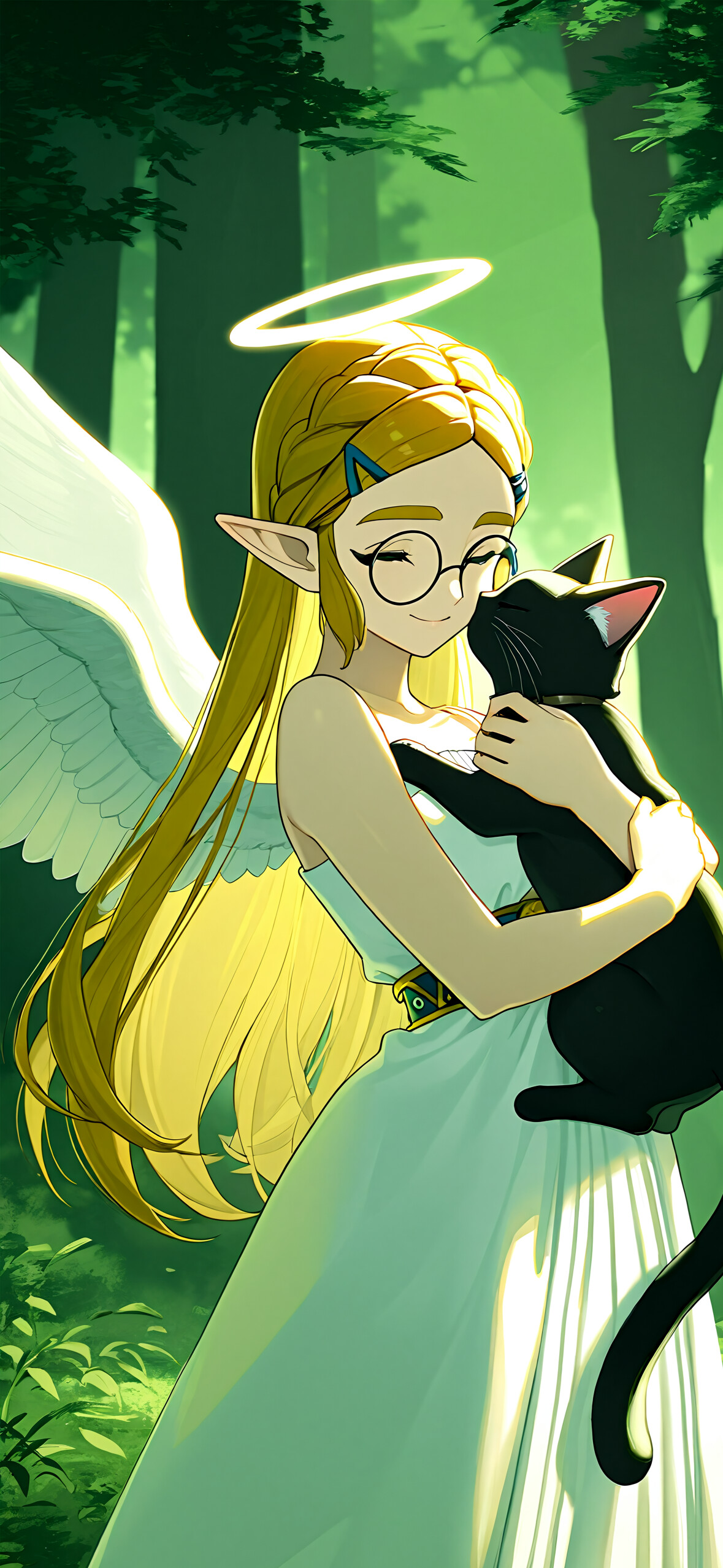 A digital illustration of Link and Princess Zelda from The Legend of Zelda, depicted as angels with white wings, hugging in a green forest. Zelda, with a halo, is kissing Link's cheek while they both hold a black cat.