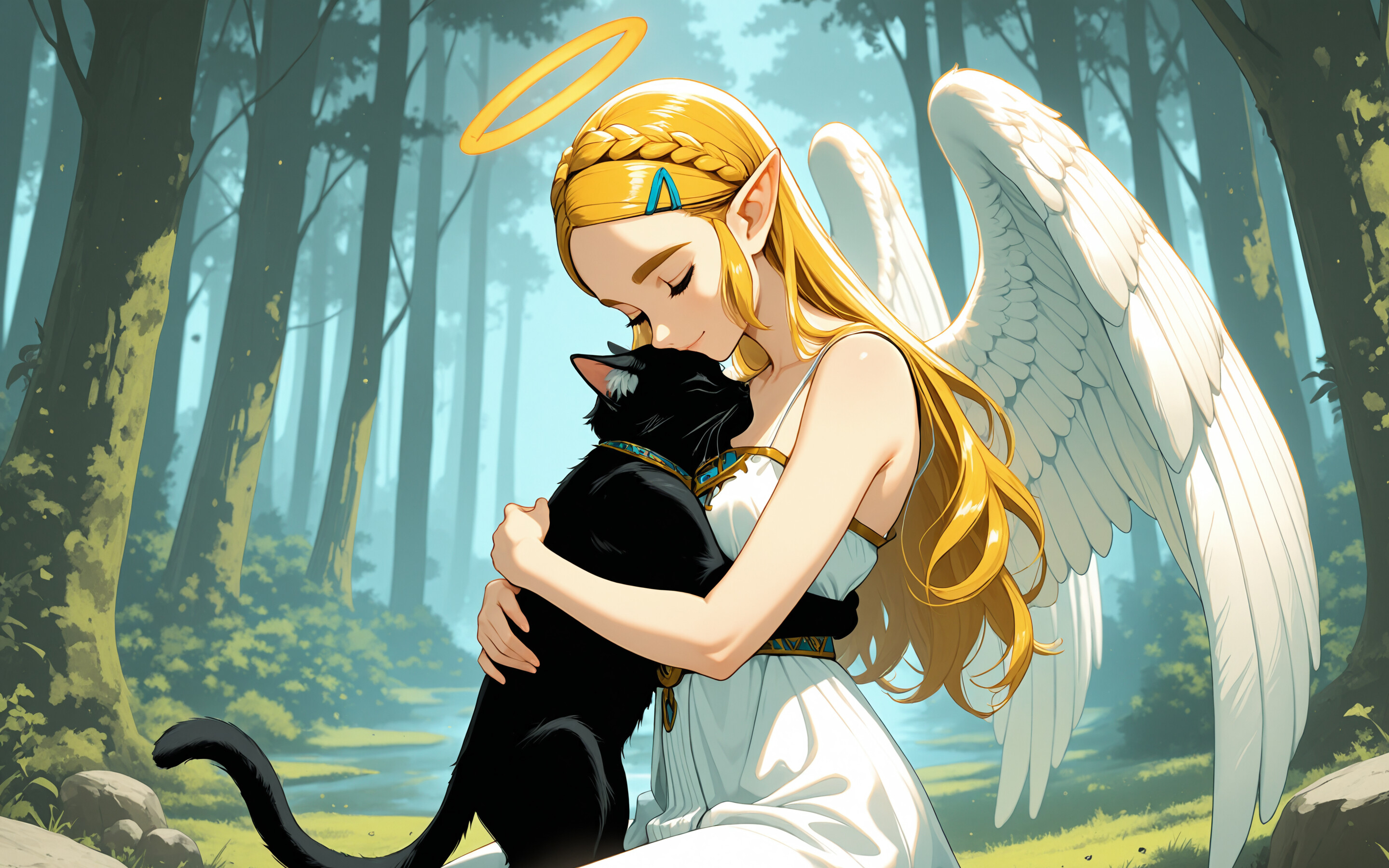 An illustration of Princess Zelda from The Legend of Zelda, portrayed as an angel with white wings and a halo, sitting in a forest and affectionately holding a black cat.