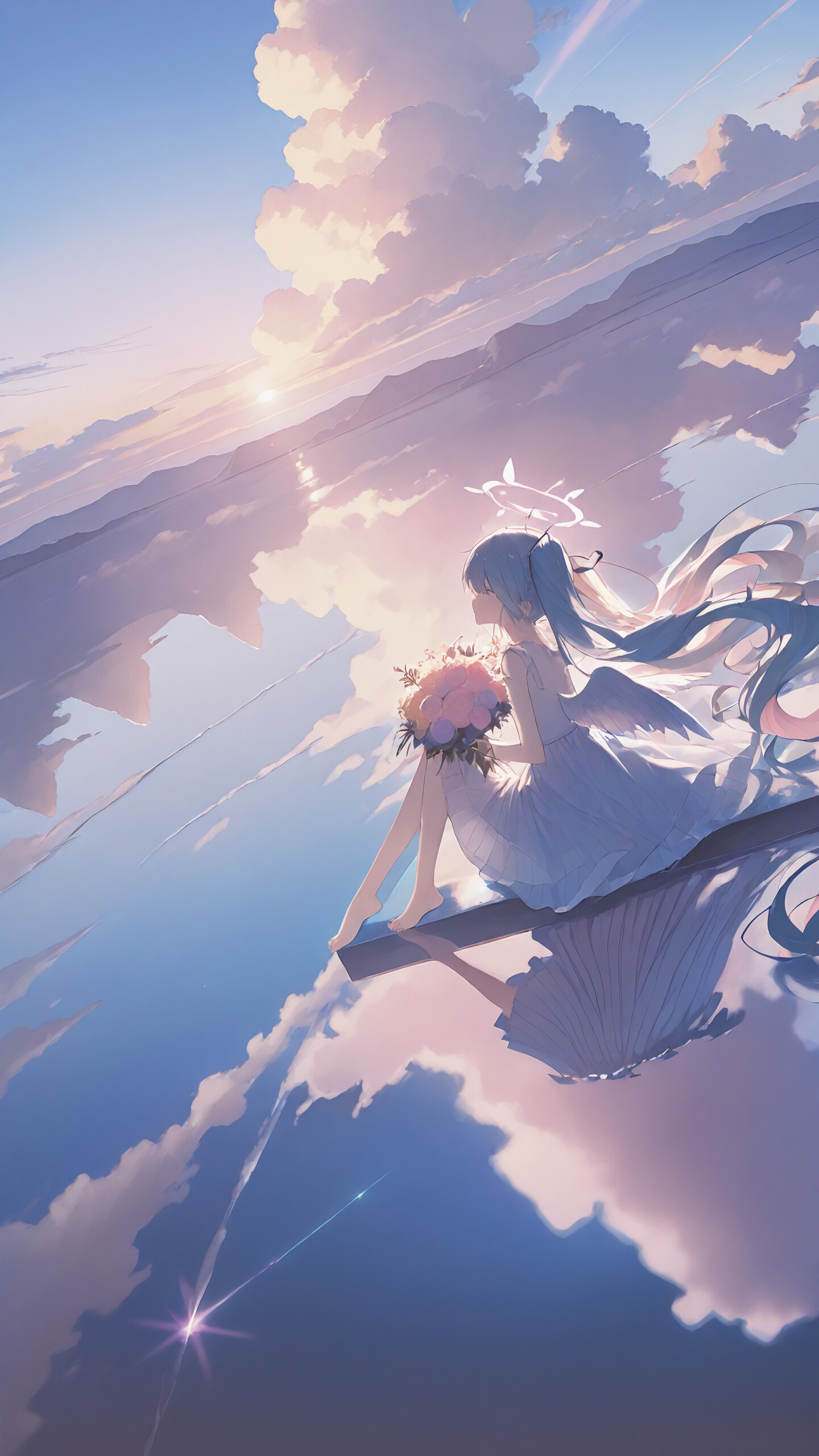 An anime illustration of the angel Hatsune Miku with long blue twintails and wings, sitting on a wet surface while holding a bouquet of flowers under a cloudy, pastel sky.
