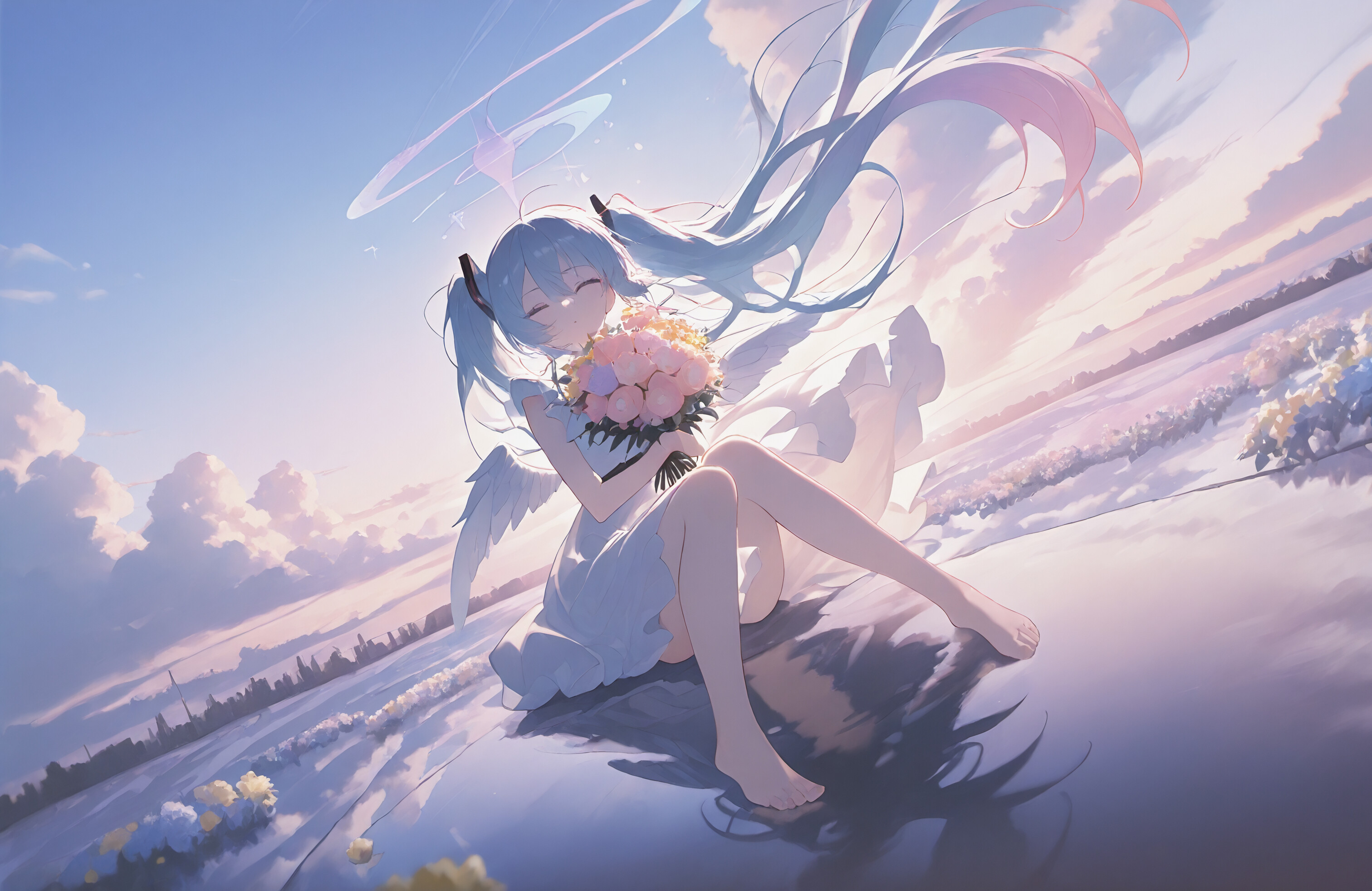 An anime illustration of the angel Hatsune Miku with long blue twintails and wings, sitting on a wet surface while holding a bouquet of flowers under a cloudy, pastel sky.