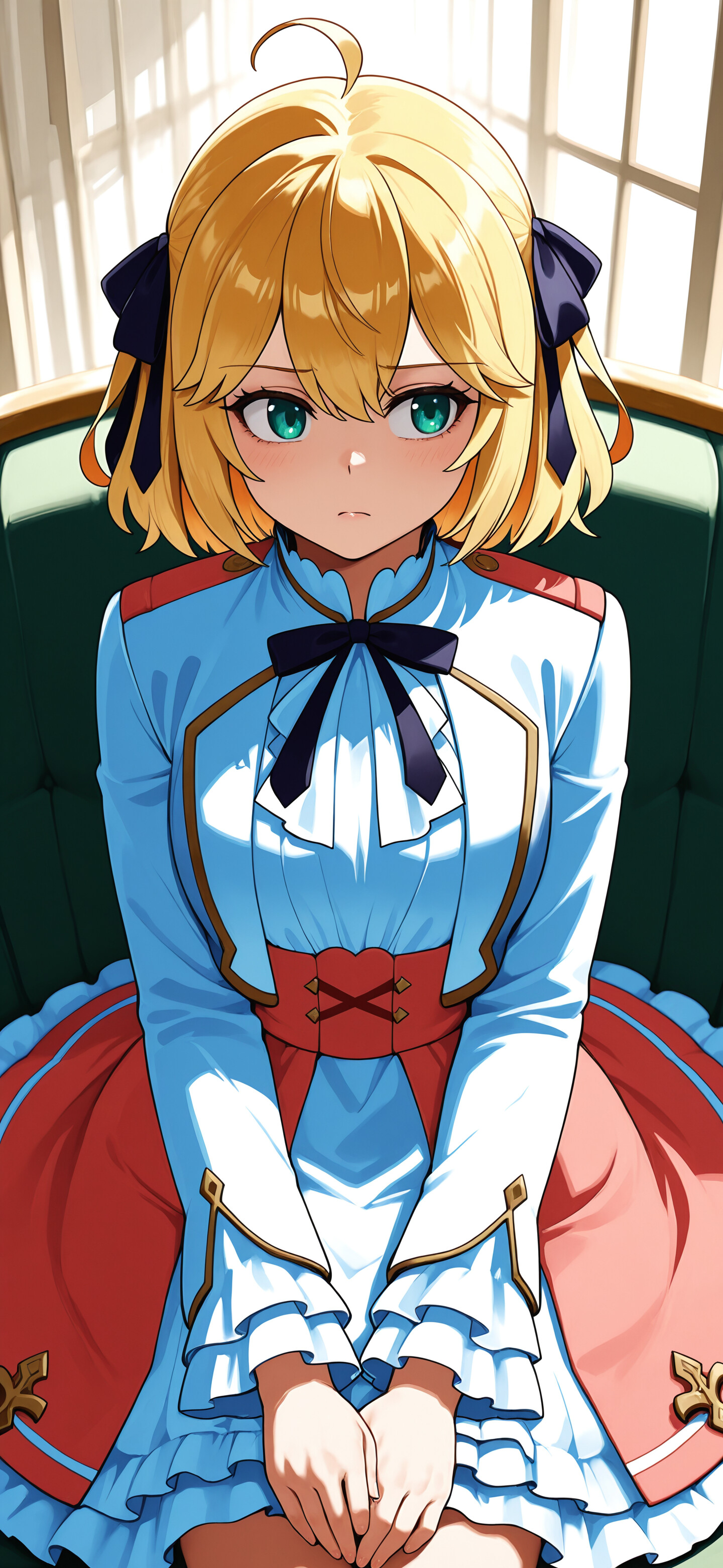 An anime-style illustration of Anisphia Wynn Palettia, a young woman with short blonde hair, green eyes, and a blue hair ribbon, looking seriously to her left.