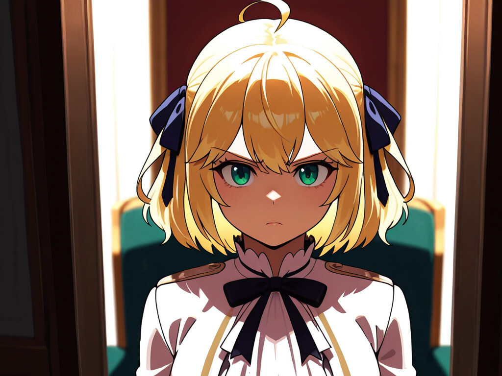 An anime-style illustration of Anisphia Wynn Palettia, a young woman with short blonde hair, green eyes, and a blue hair ribbon, looking seriously to her left.
