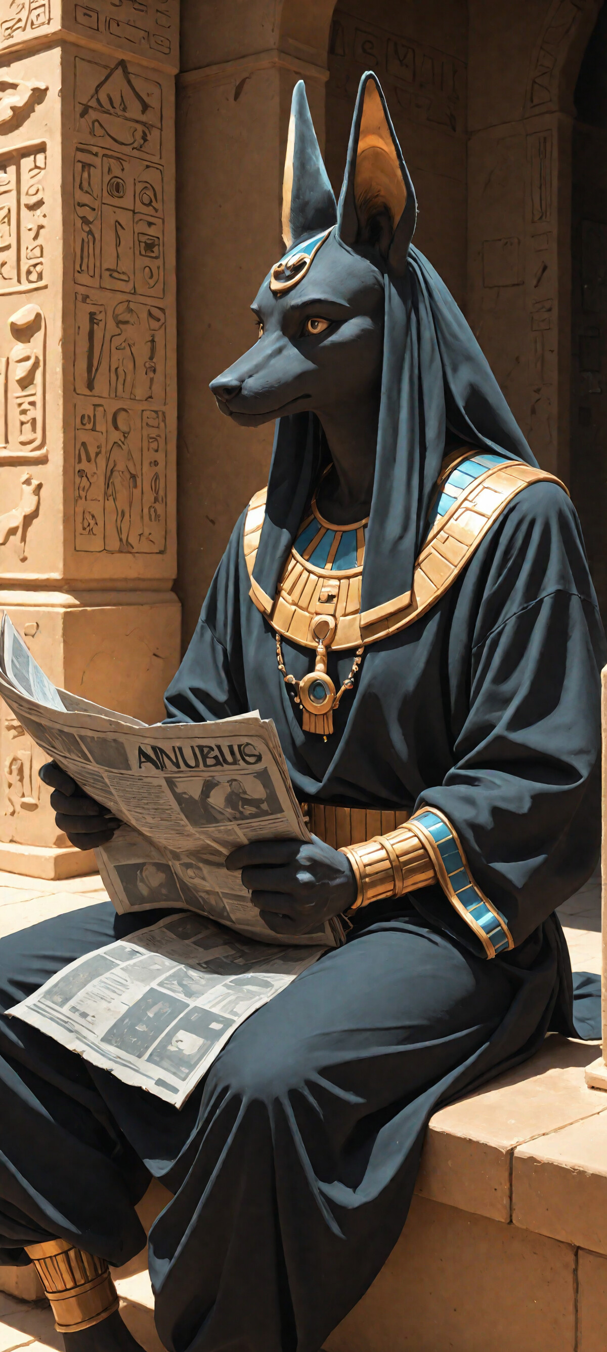 The Egyptian god Anubis, an anthropomorphic figure with a jackal's head, sits cross-legged on stone steps while reading a newspaper. A second, more statue-like Anubis figure sits beside him, looking at the paper. The background is a stone wall covered in Egyptian hieroglyphs.